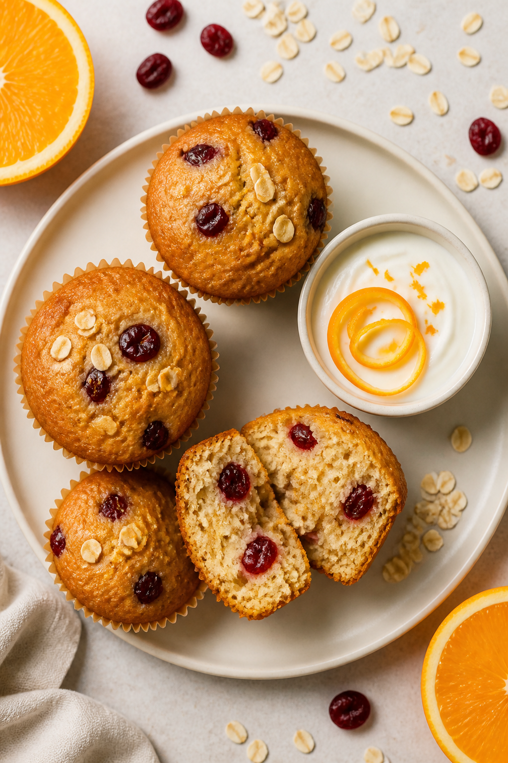 Final dish presentation: Beautifully plated orange cranberry muffins on a matte white plate with one