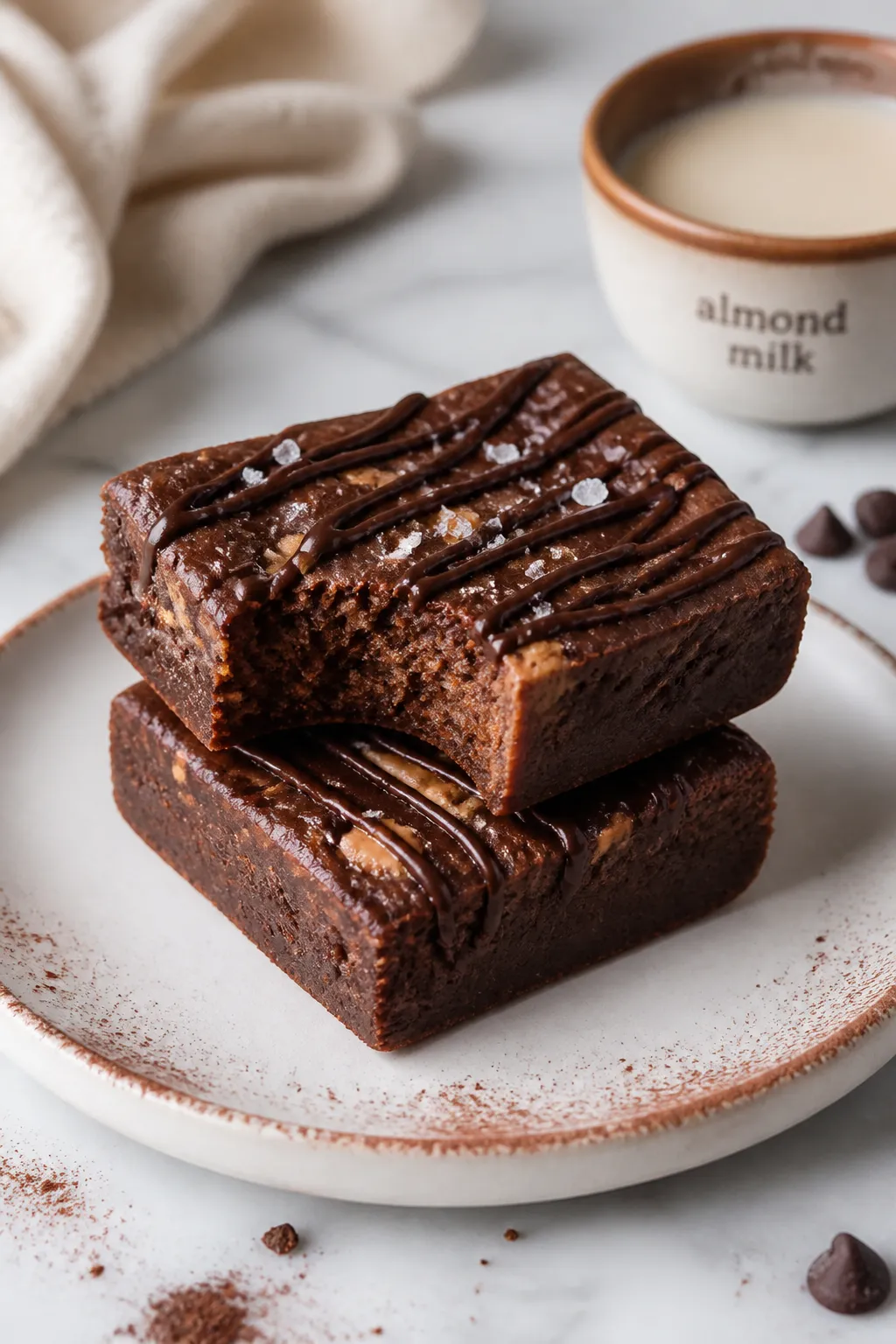 Final dish presentation: Beautifully plated peanut butter brownie protein bars stacked two-high on a
