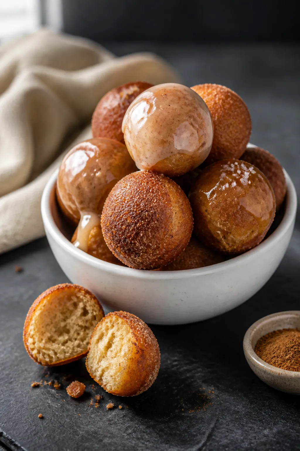 Final dish presentation: Beautifully plated protein donut holes stacked in a small white bowl on a m