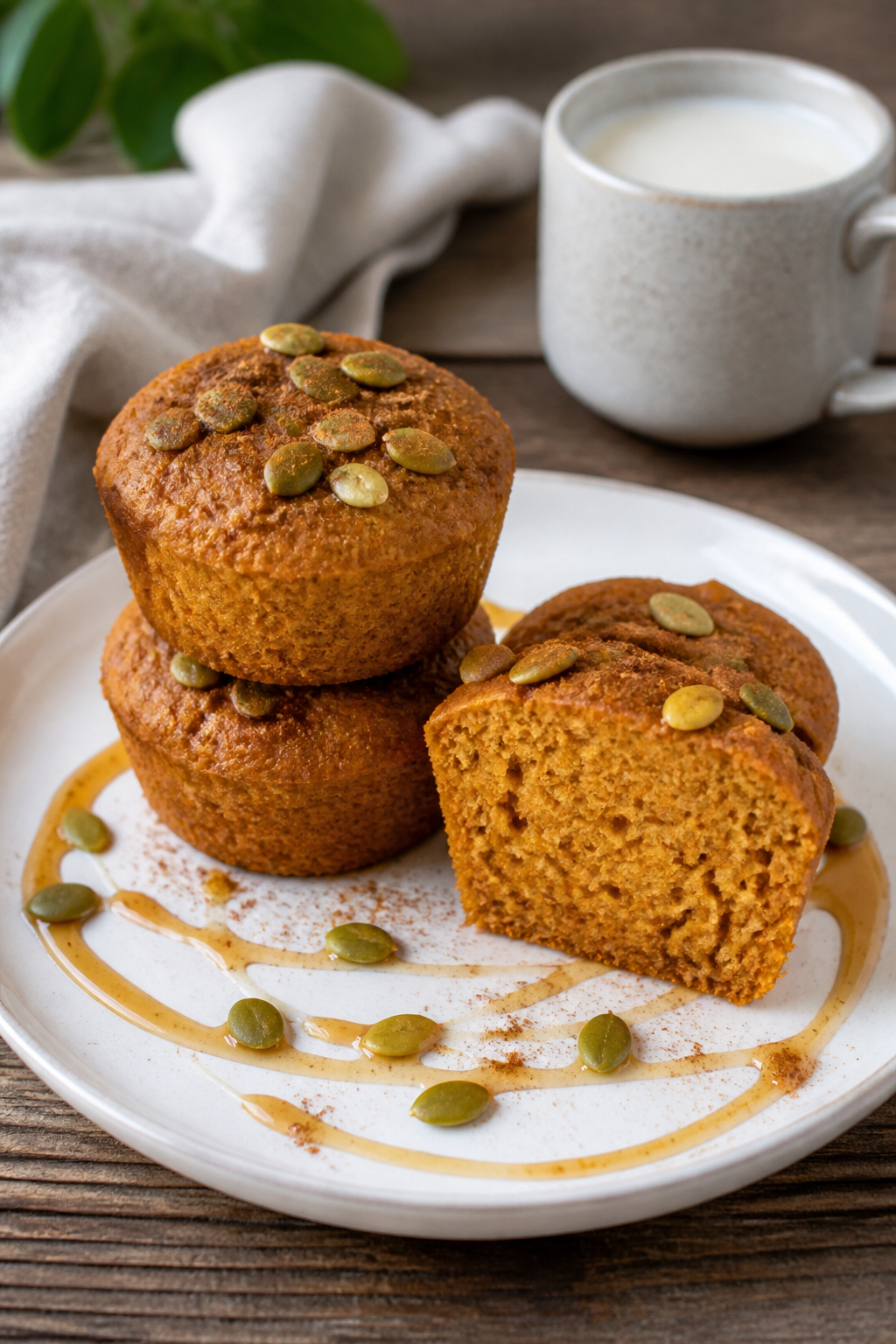 Final dish presentation: Beautifully plated protein pumpkin muffins on a matte white plate, two stac