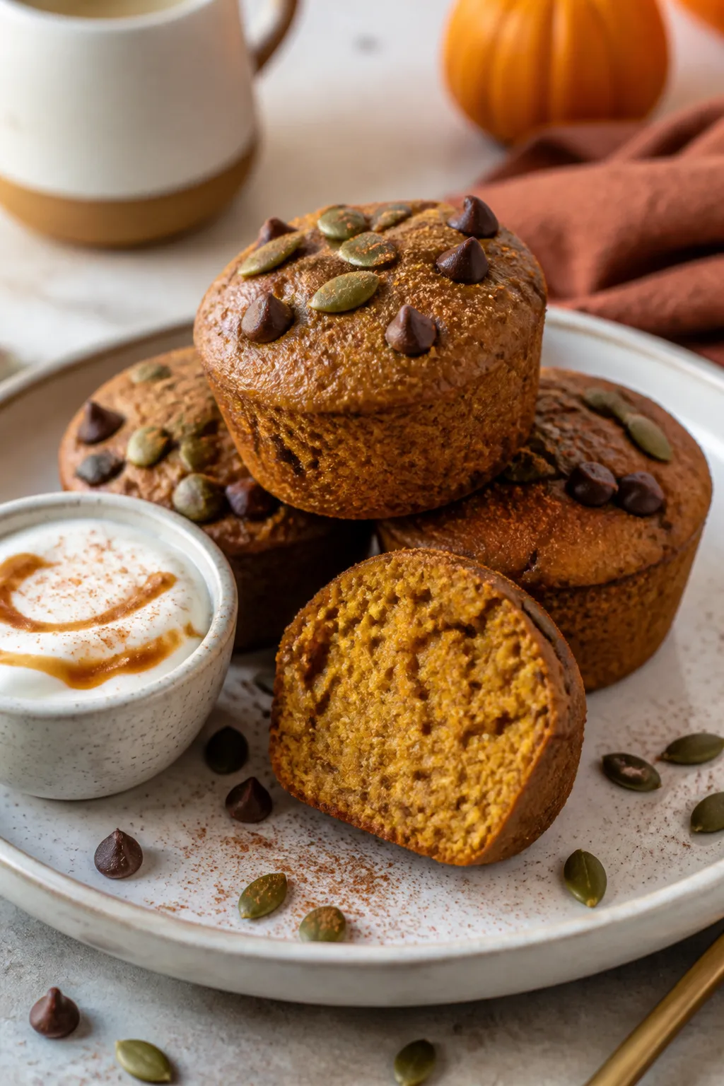 Final dish presentation: Beautifully plated pumpkin protein muffins stacked on a matte white plate,