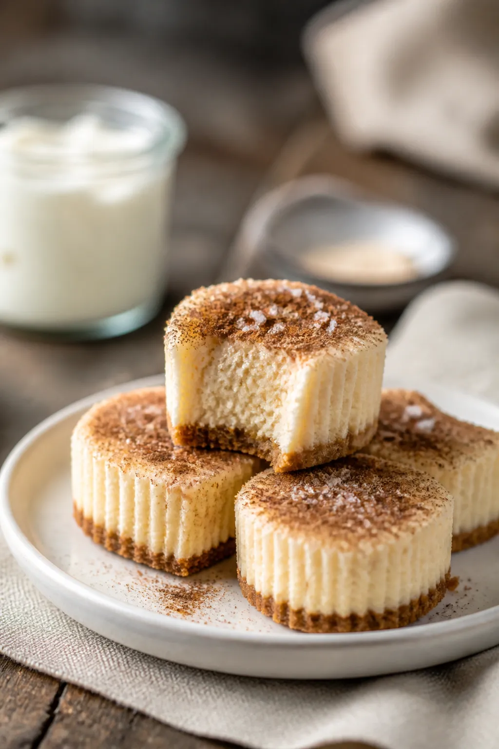 Final dish presentation: Beautifully plated snickerdoodle cheesecake bites on a matte white dessert