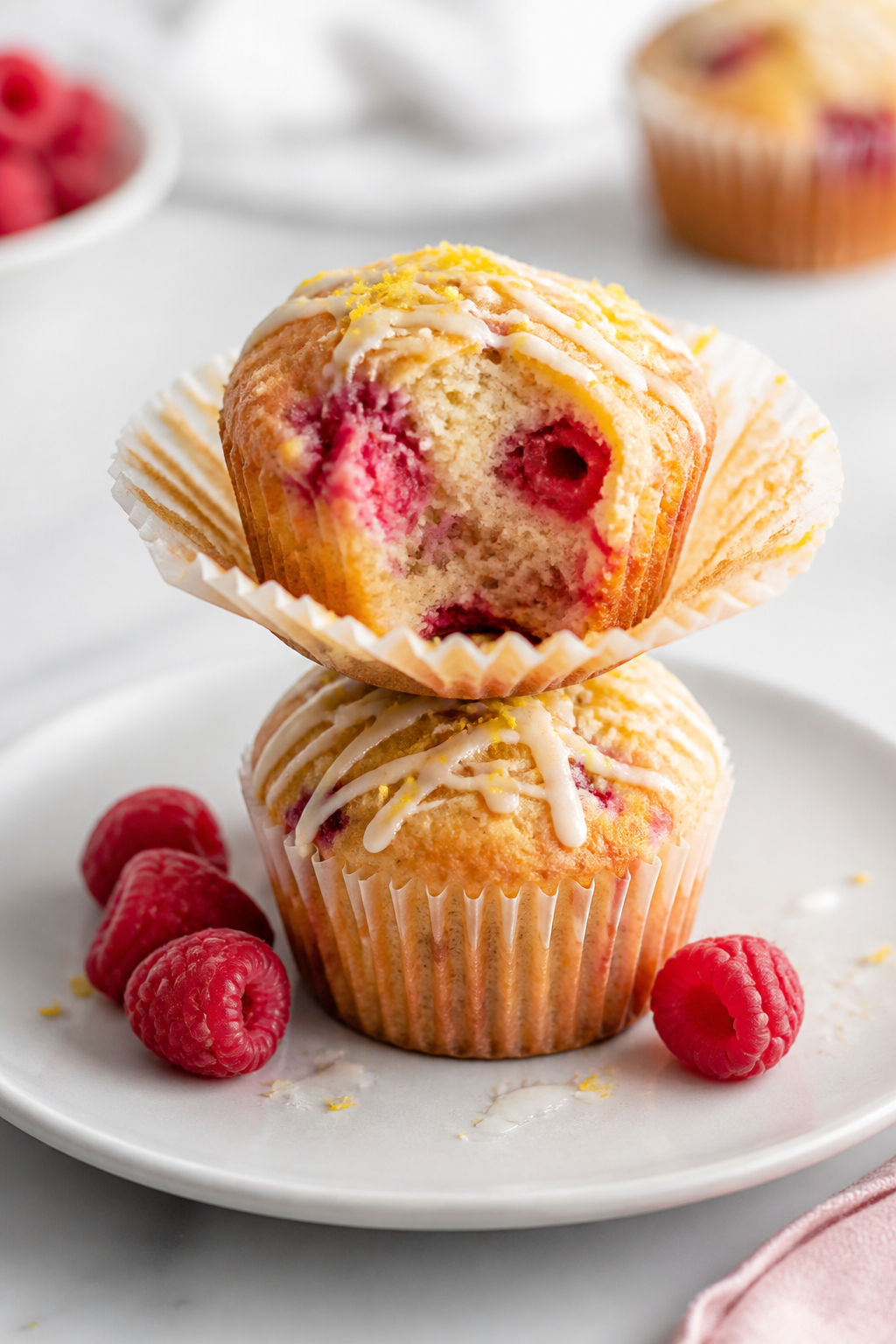 Final dish presentation: Beautifully plated stack of two white chocolate raspberry protein muffins o