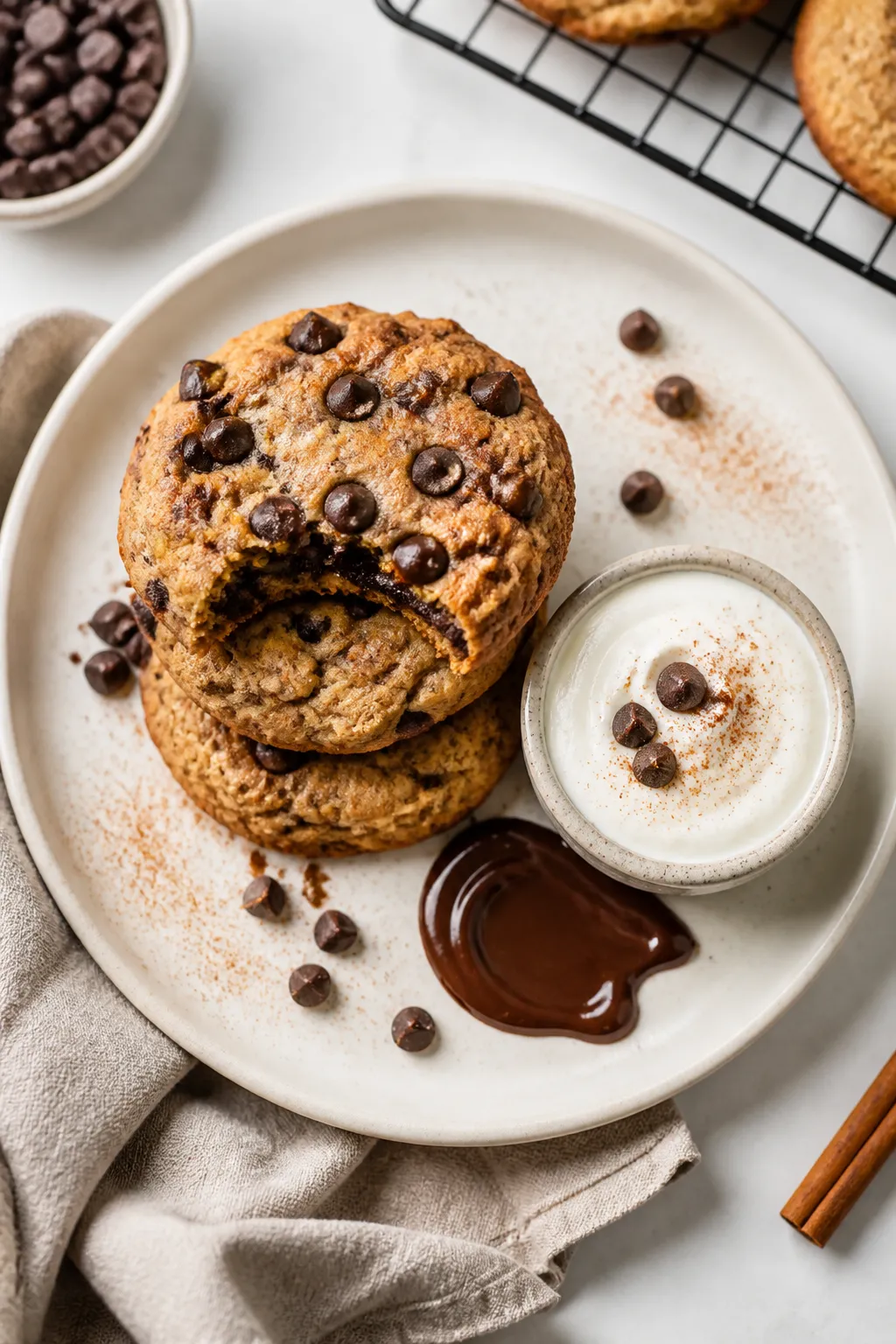 Final dish presentation: Beautifully plated stack of three high-protein chocolate chip cookies on a 