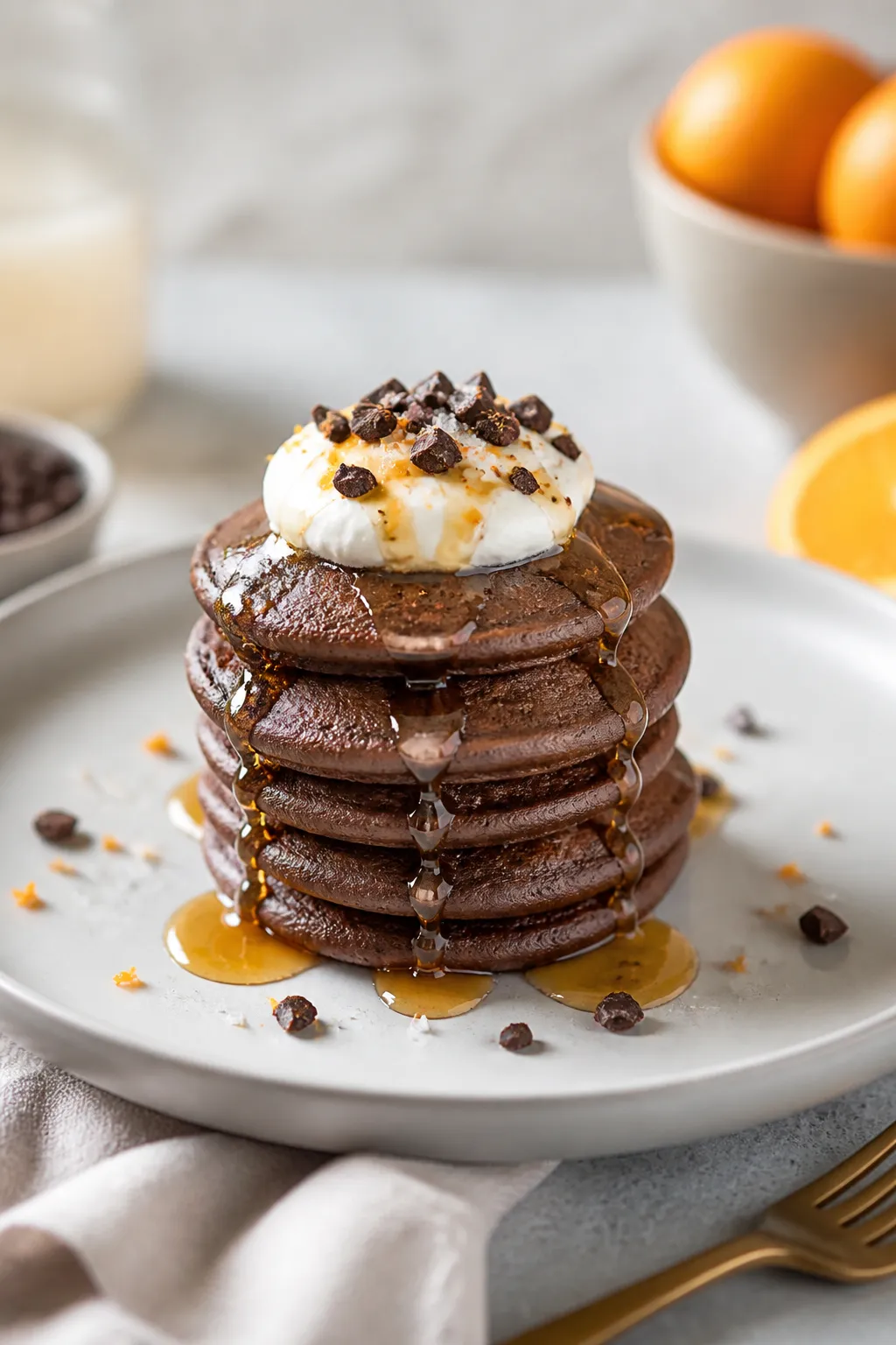 Final dish presentation: Beautifully plated stack of 5–6 chocolate protein pancake bites on a matt