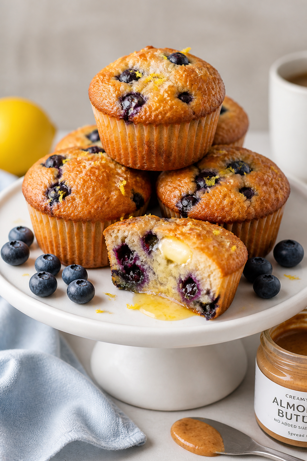 Final dish presentation: Beautifully plated stack of blueberry Greek yogurt protein muffins on a mat