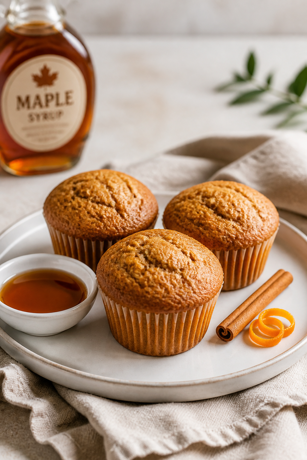 Final dish presentation: Beautifully plated trio of Maple Cinnamon Muffins under 100 calories arrang