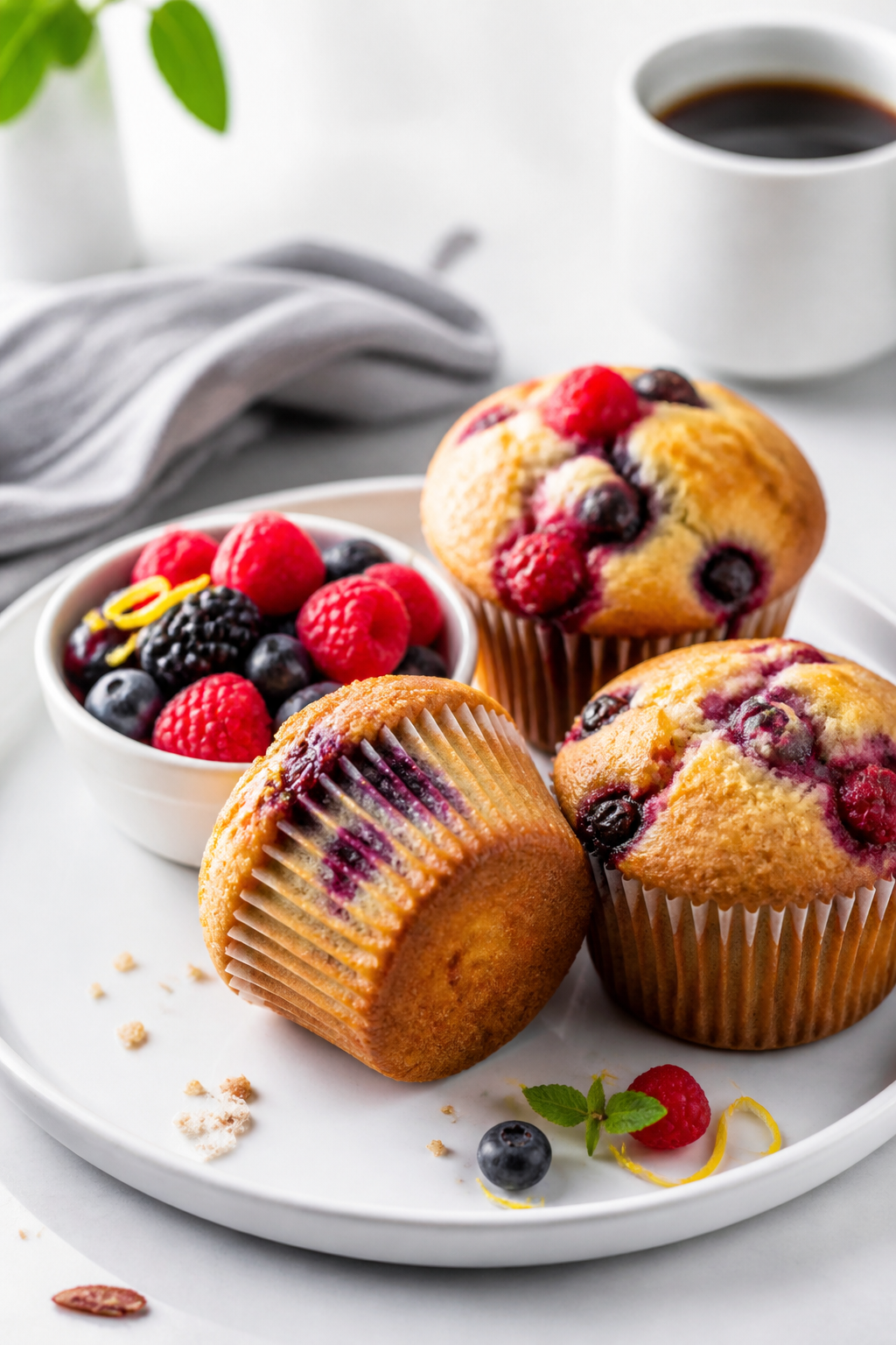 Final dish presentation: Beautifully plated trio of mixed berry muffins on a matte white plate with 