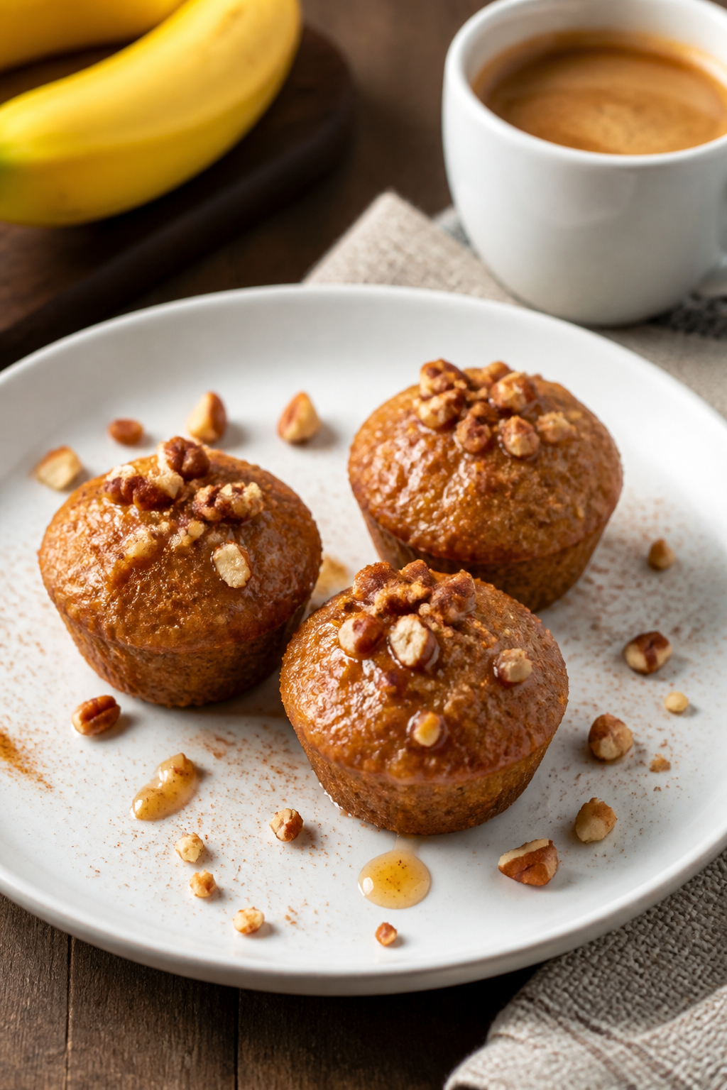 Final dish presentation: Beautifully plated trio of banana nut mini muffins on a matte white plate,