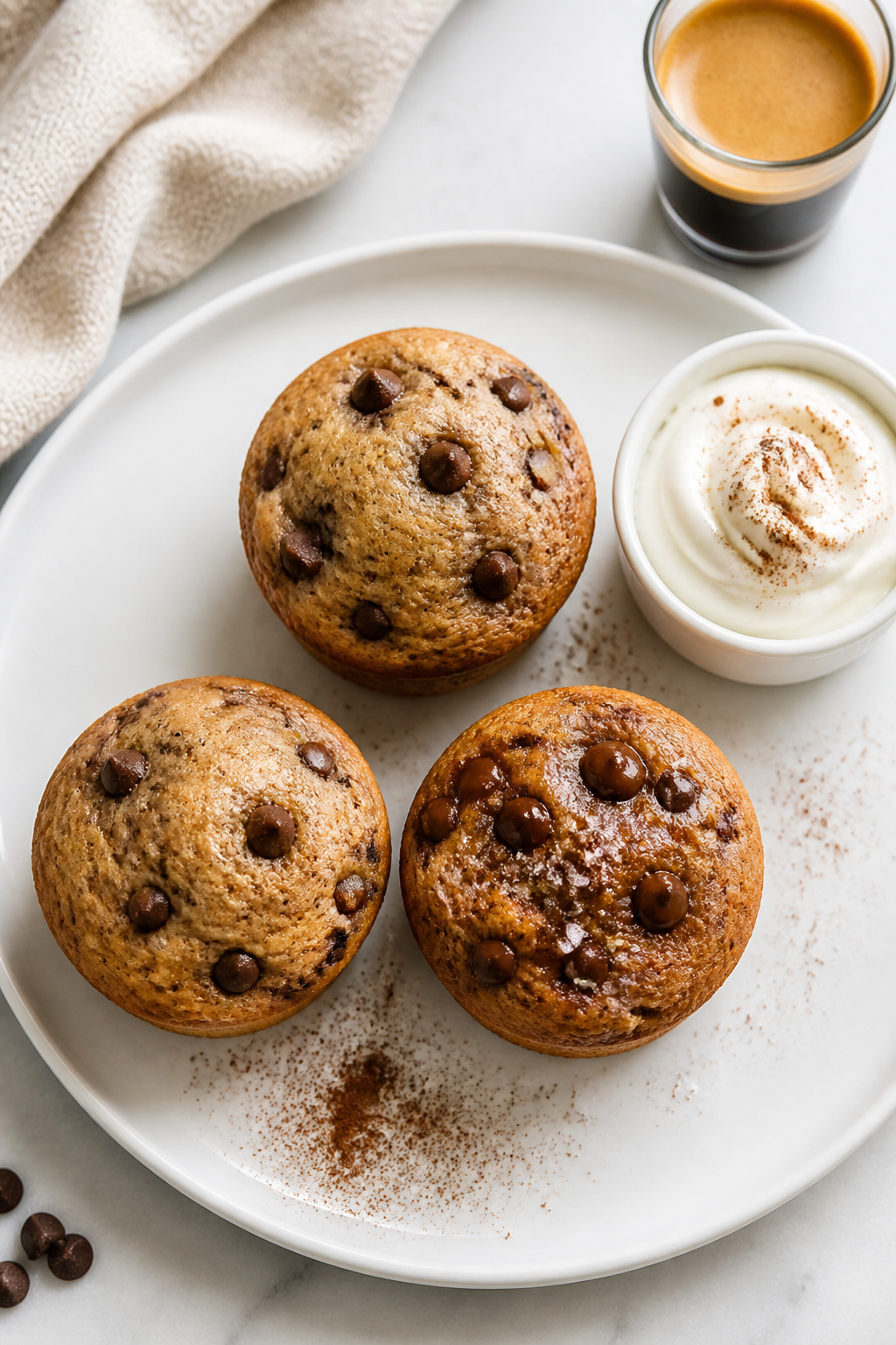Final dish presentation: Beautifully plated trio of chocolate chip protein muffins under 100 calorie