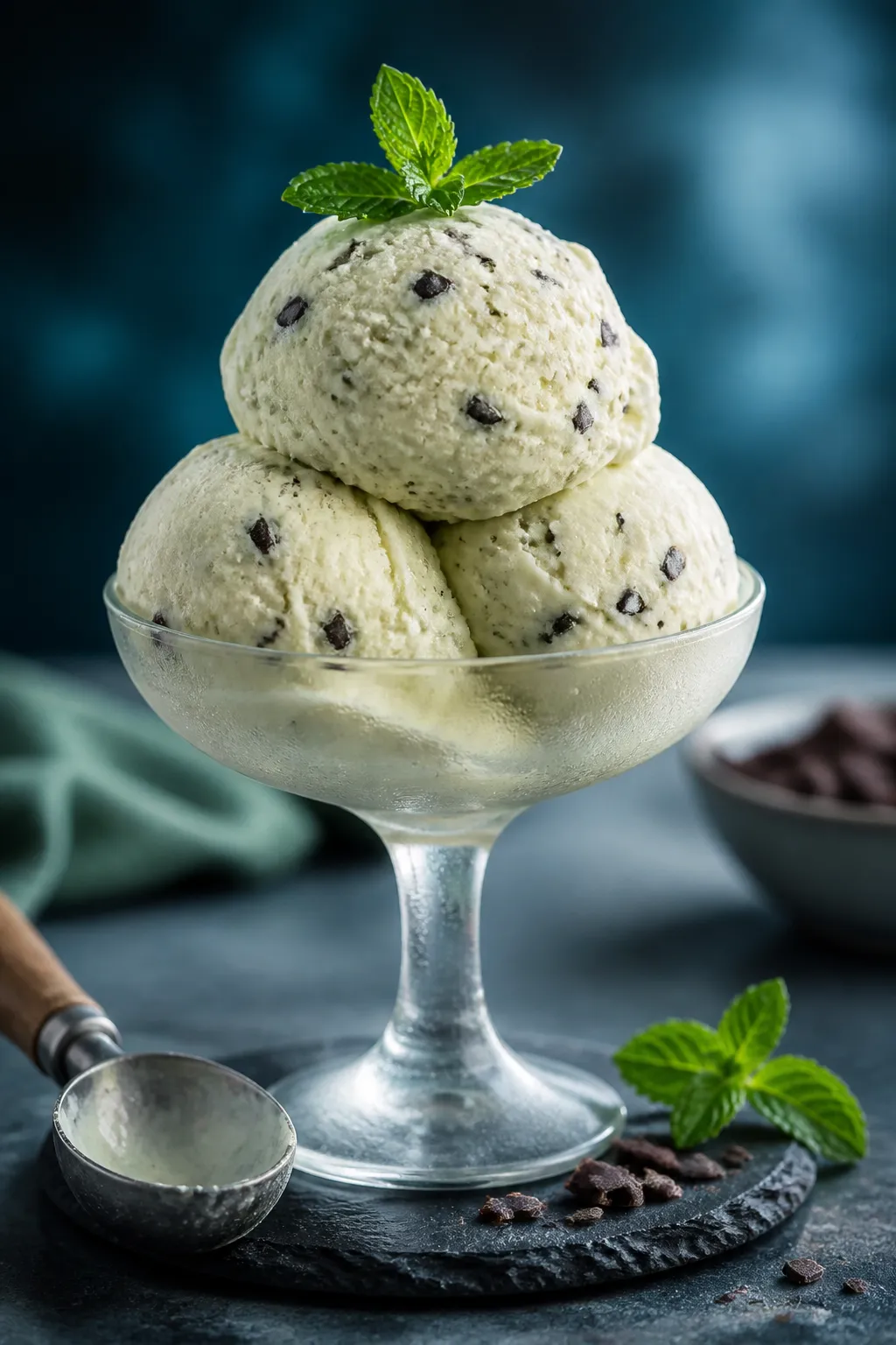Final dish presentation: Beautifully scooped vanilla-mint chip protein ice cream—three rounded sco