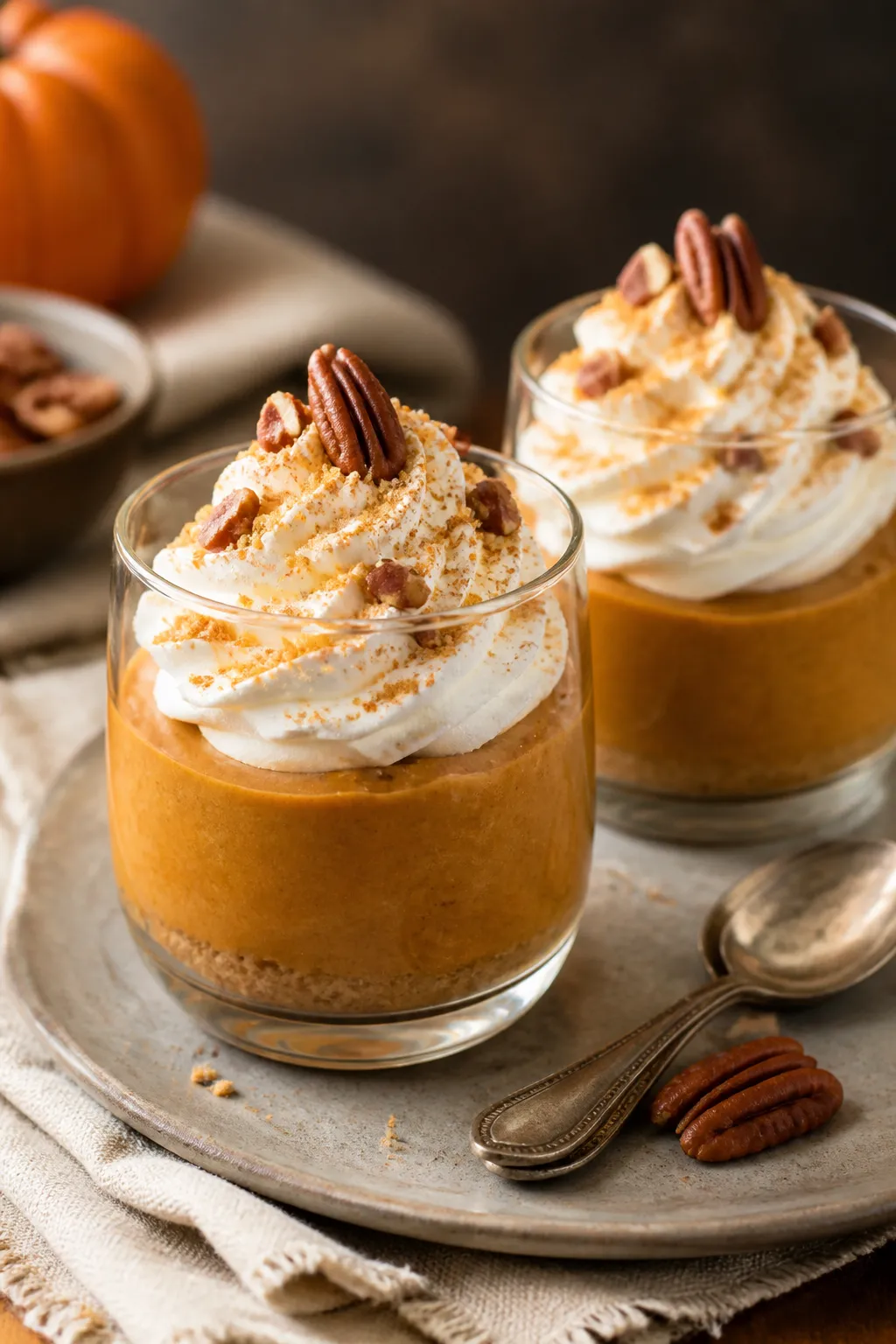 Final dish presentation: Elegant dessert cups of chilled High Protein Pumpkin Pie Pudding, each topp