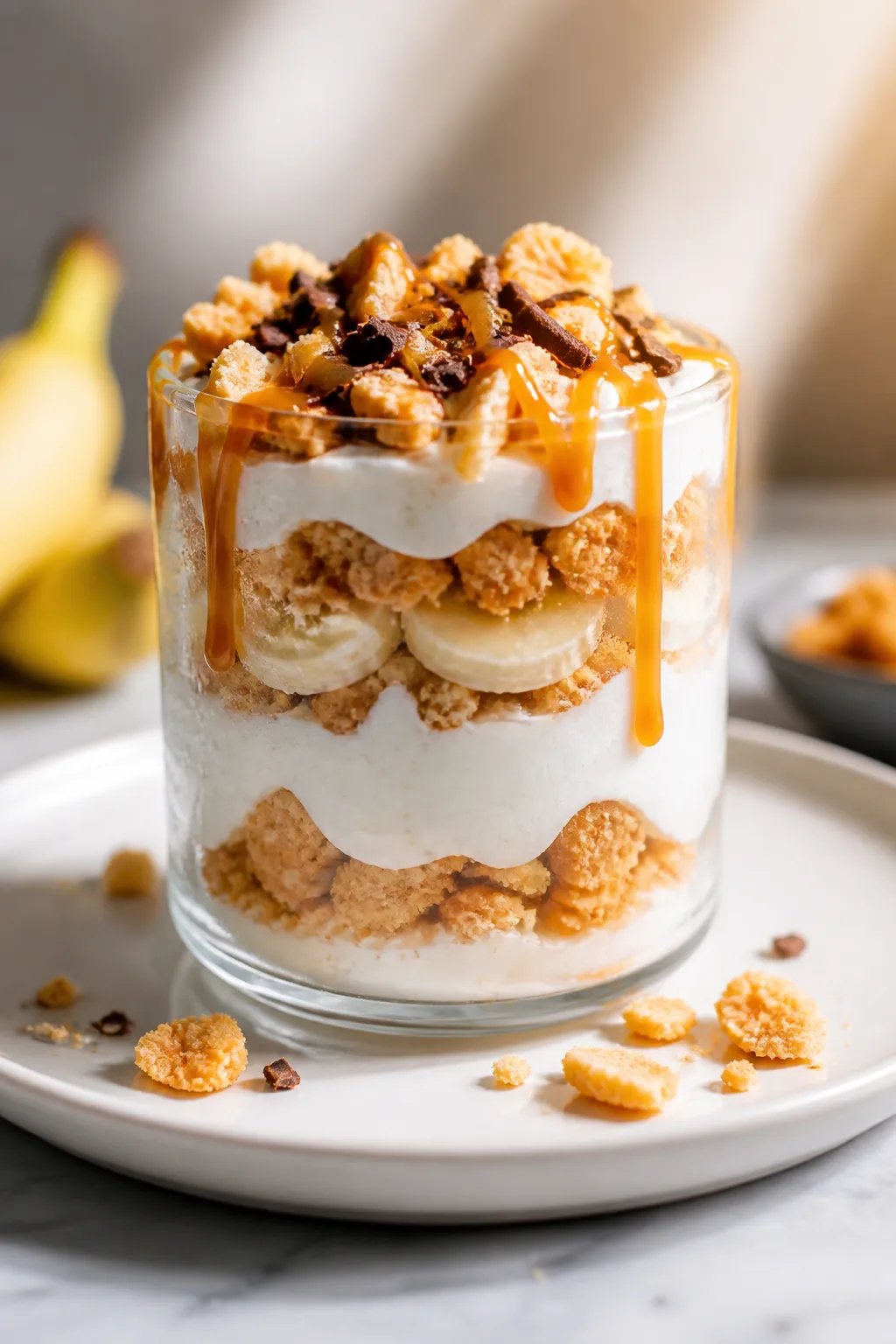 Final dish presentation: Hero shot of a single fully assembled Greek Yogurt Banana Pudding Protein C