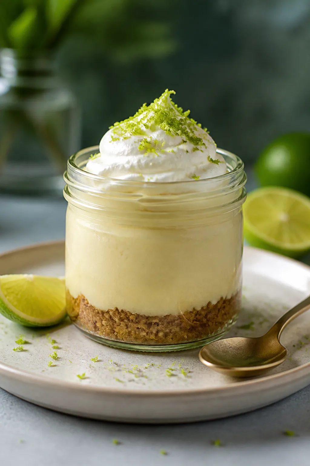 Final dish presentation: Hero shot of a single key lime cheesecake jar with visible almond crust lay