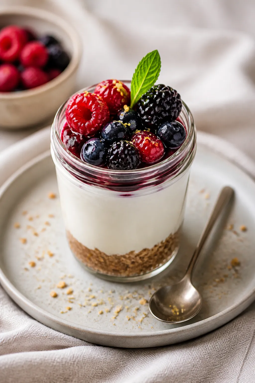 Final dish presentation: One hero cheesecake jar centered on a small matte ceramic plate with a tiny