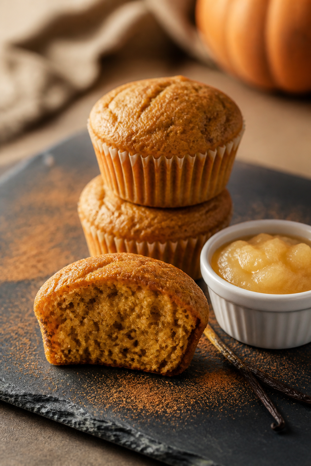 Final dish presentation: Restaurant-quality arrangement of three pumpkin spice muffins stacked and s