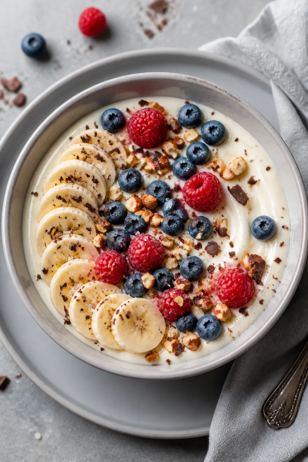 Final dish presentation: Restaurant-quality bowl of Vanilla Protein Pudding finished with a neat fan