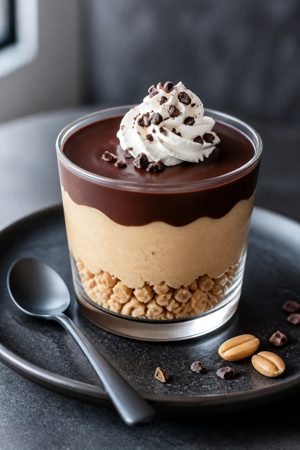 Final dish presentation: Restaurant-quality glass dessert cup layered “Peanut Butter Pie Cup” st