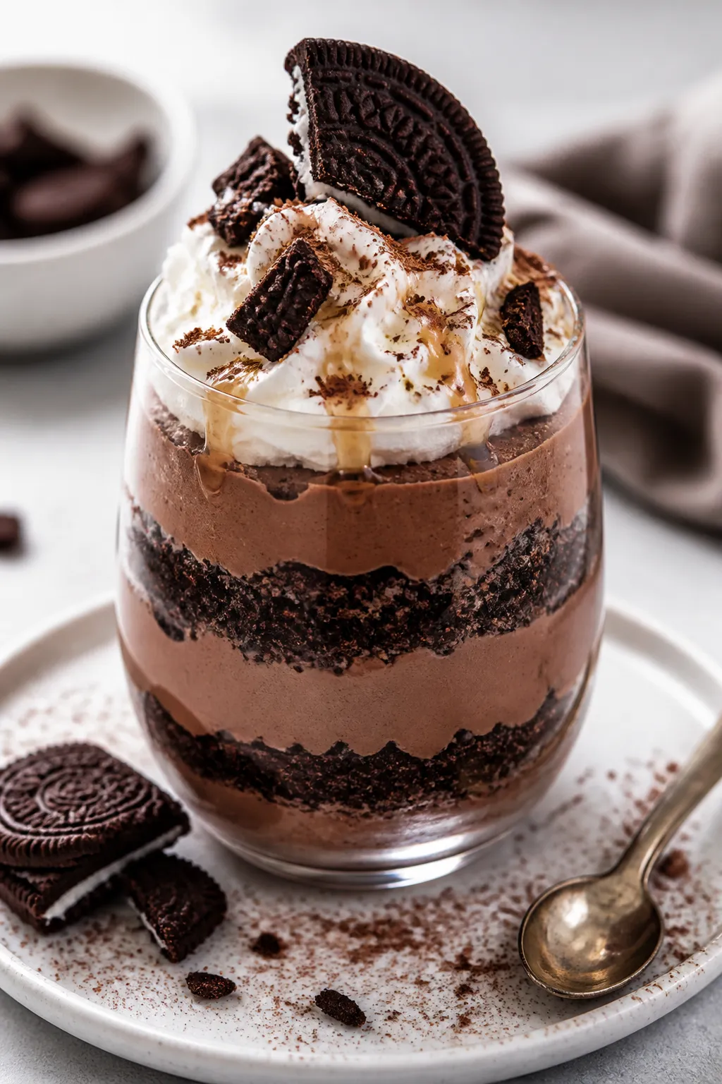 Final dish presentation: Restaurant-quality parfait-style High Protein Oreo Pudding layered in a ste