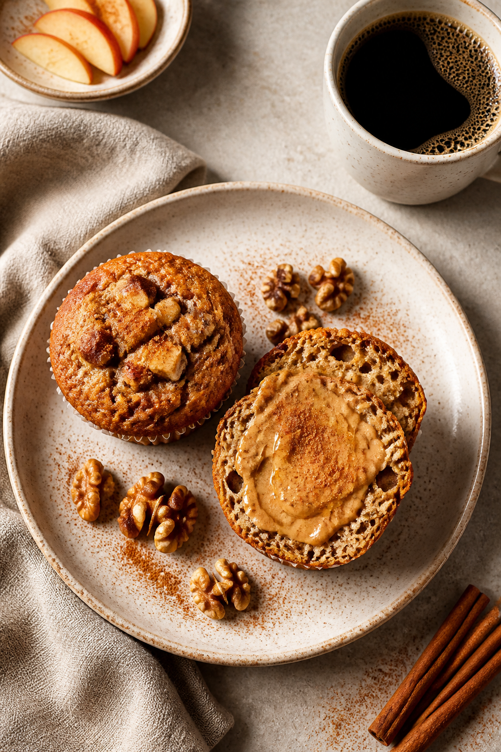 Final dish presentation: Restaurant-quality plate with two Apple Cinnamon Protein Muffins, one slice