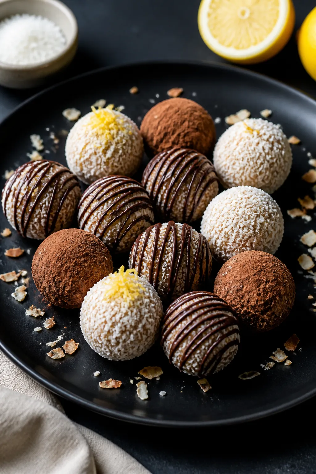 Final dish presentation: Restaurant-quality plate of assorted coconut protein truffles arranged in a