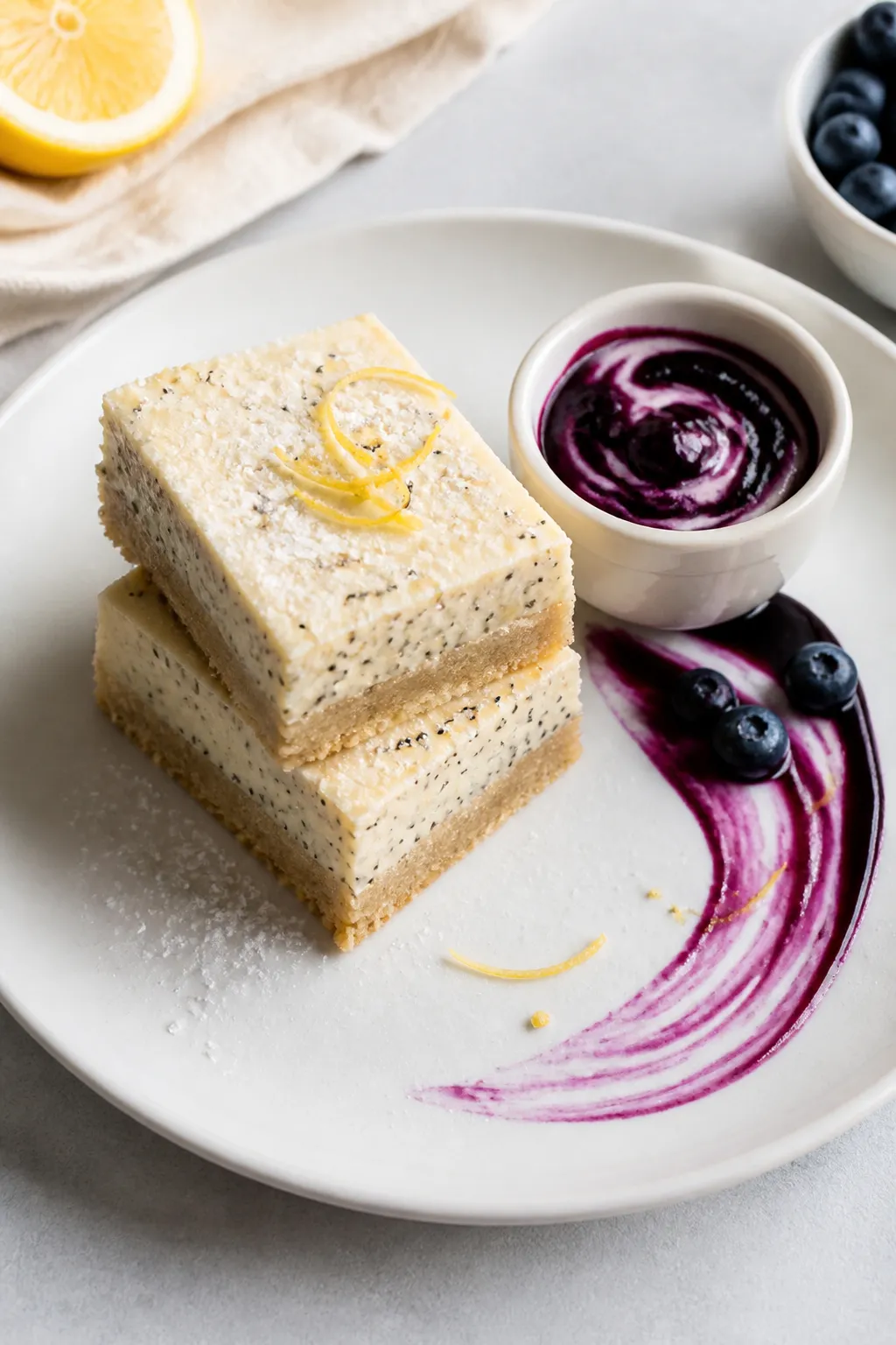 Final dish presentation: Restaurant-quality plate-up of two neatly cut Lemon Cream Protein Bars stac