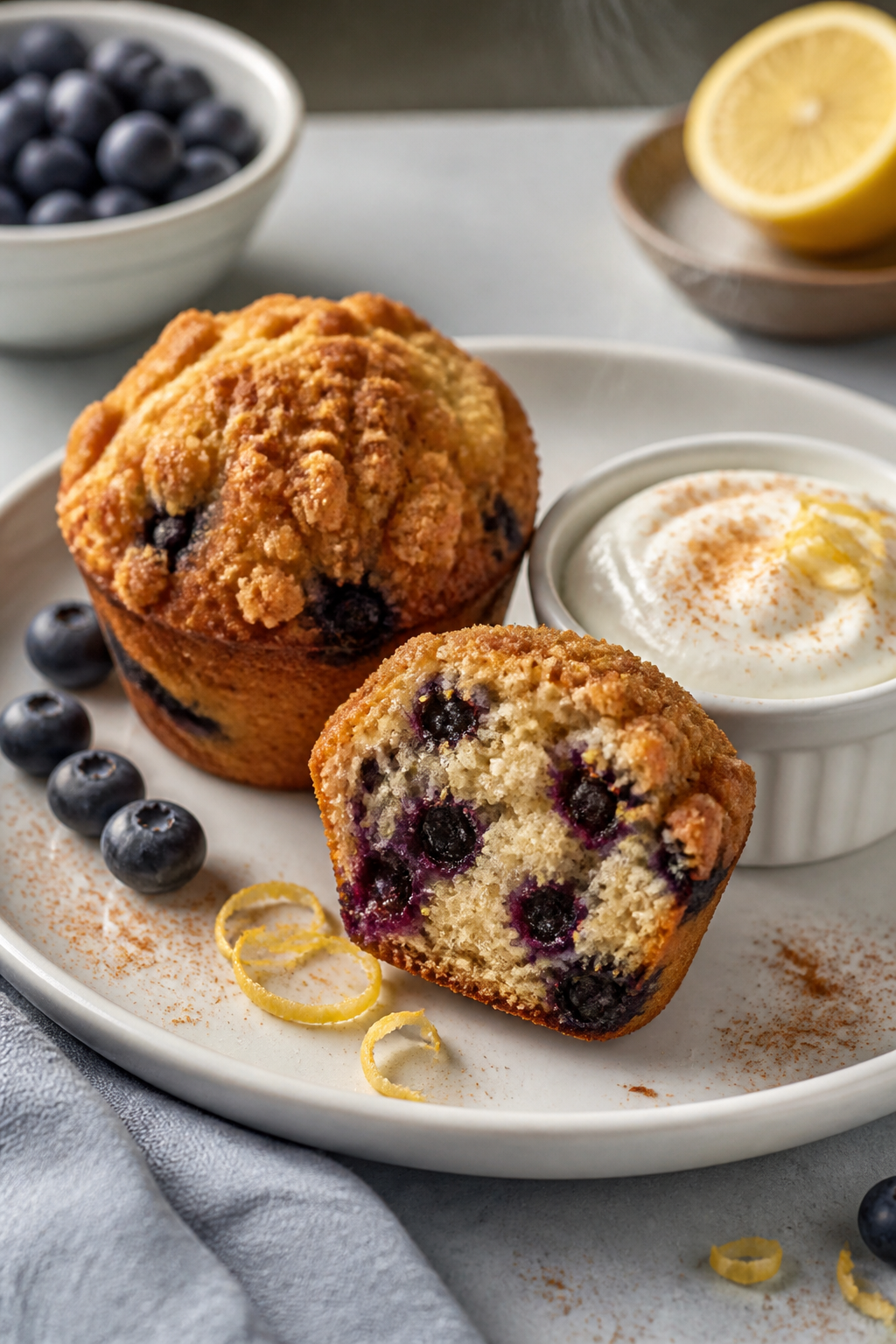 Final dish presentation: Restaurant-quality plate with two protein blueberry crumble muffins—one w