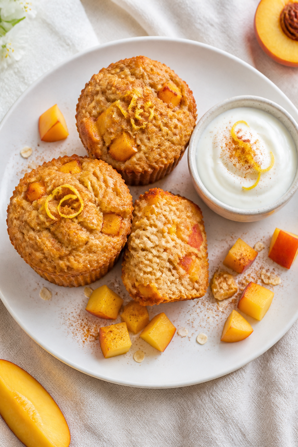 Final dish presentation: Restaurant-quality plate with three golden peach oat muffins stacked casual