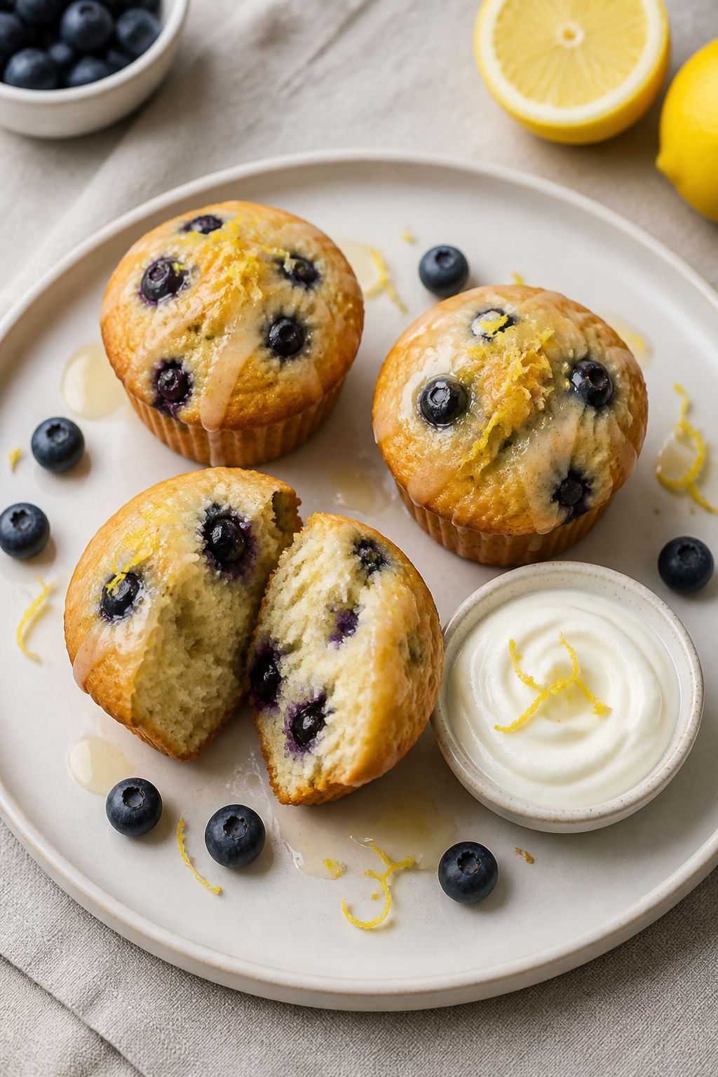 Final dish presentation: Restaurant-quality plate with three lemon blueberry muffins arranged in a t