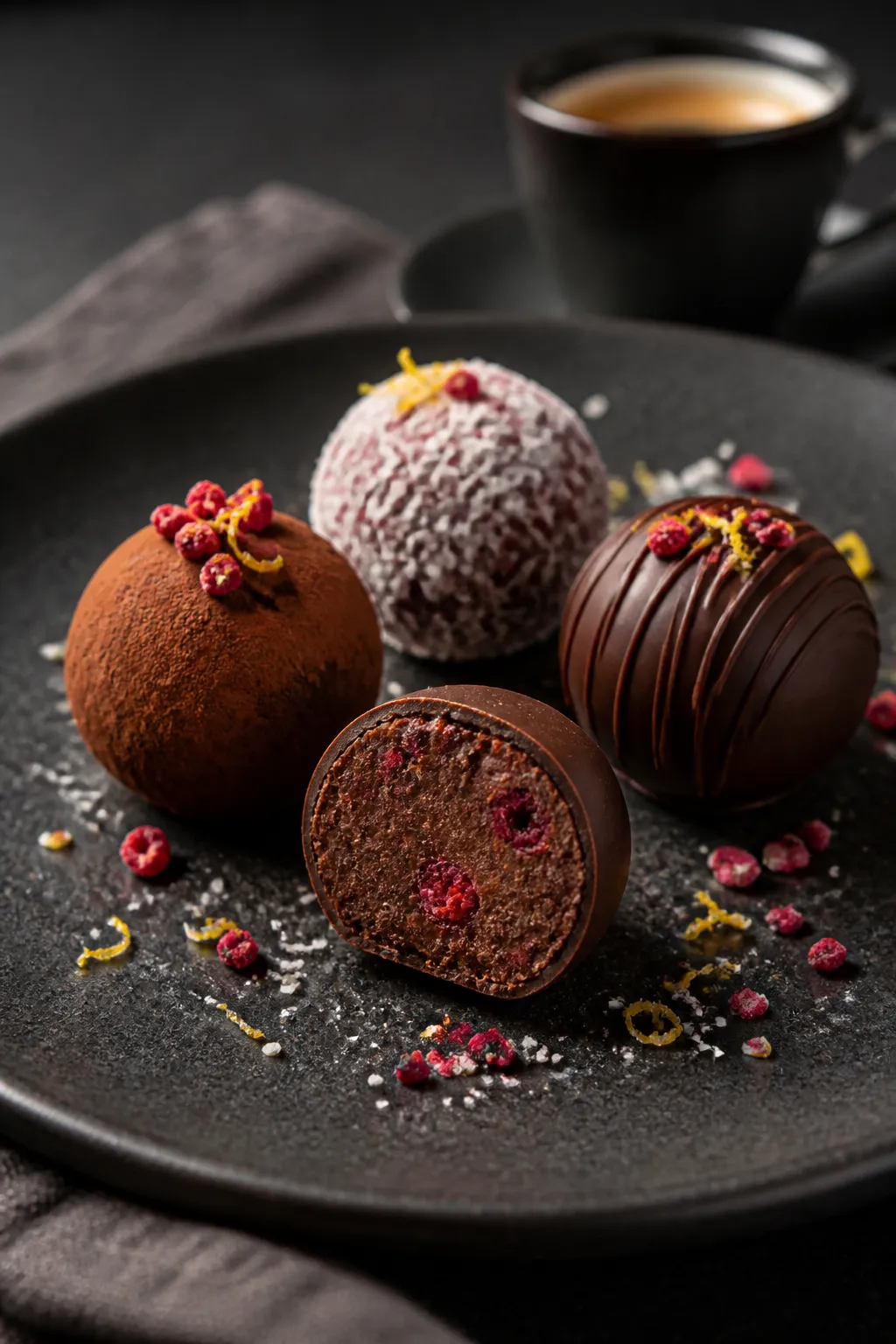 Final dish presentation: Restaurant-quality plate with an elegant trio of raspberry chocolate protei