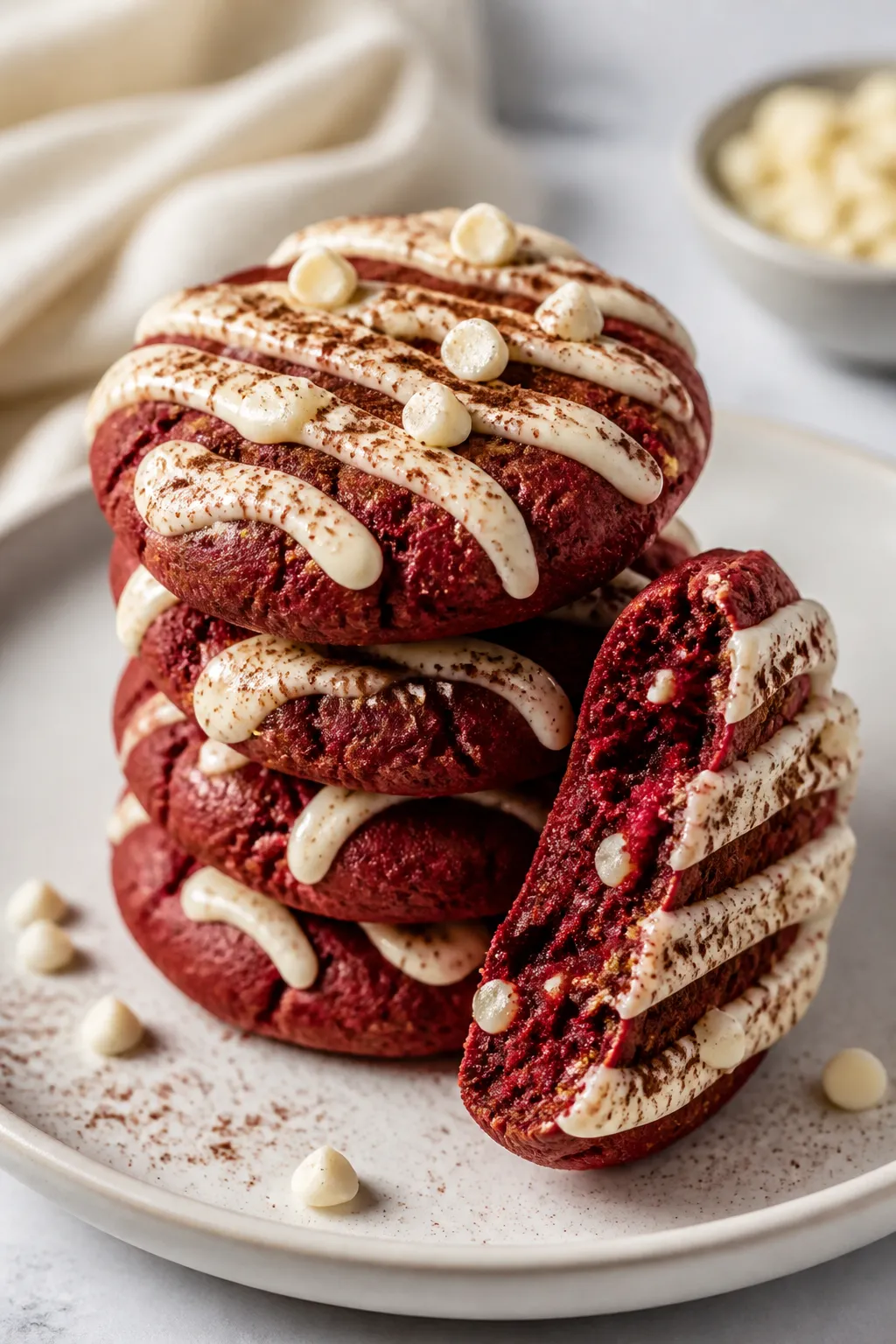 Final dish presentation: Restaurant-quality plate of finished red velvet protein cookies arranged in