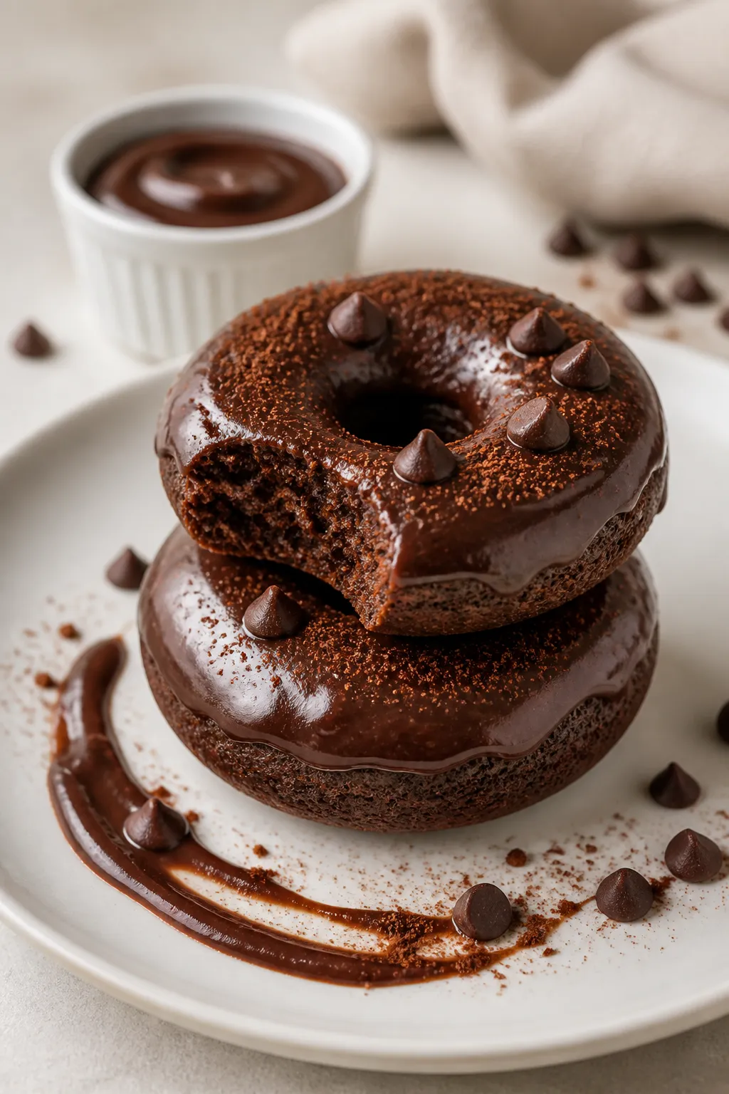 Final dish presentation: Restaurant-quality plate of two glazed high-protein low-carb chocolate donu