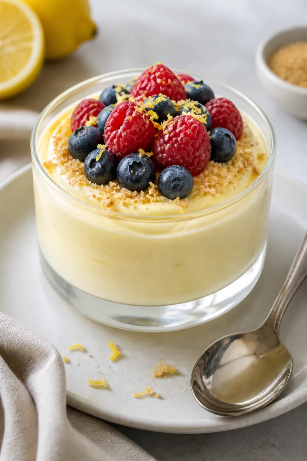 Final dish presentation: Restaurant-quality plated Greek Yogurt Lemon Cream Protein Pudding in a cle