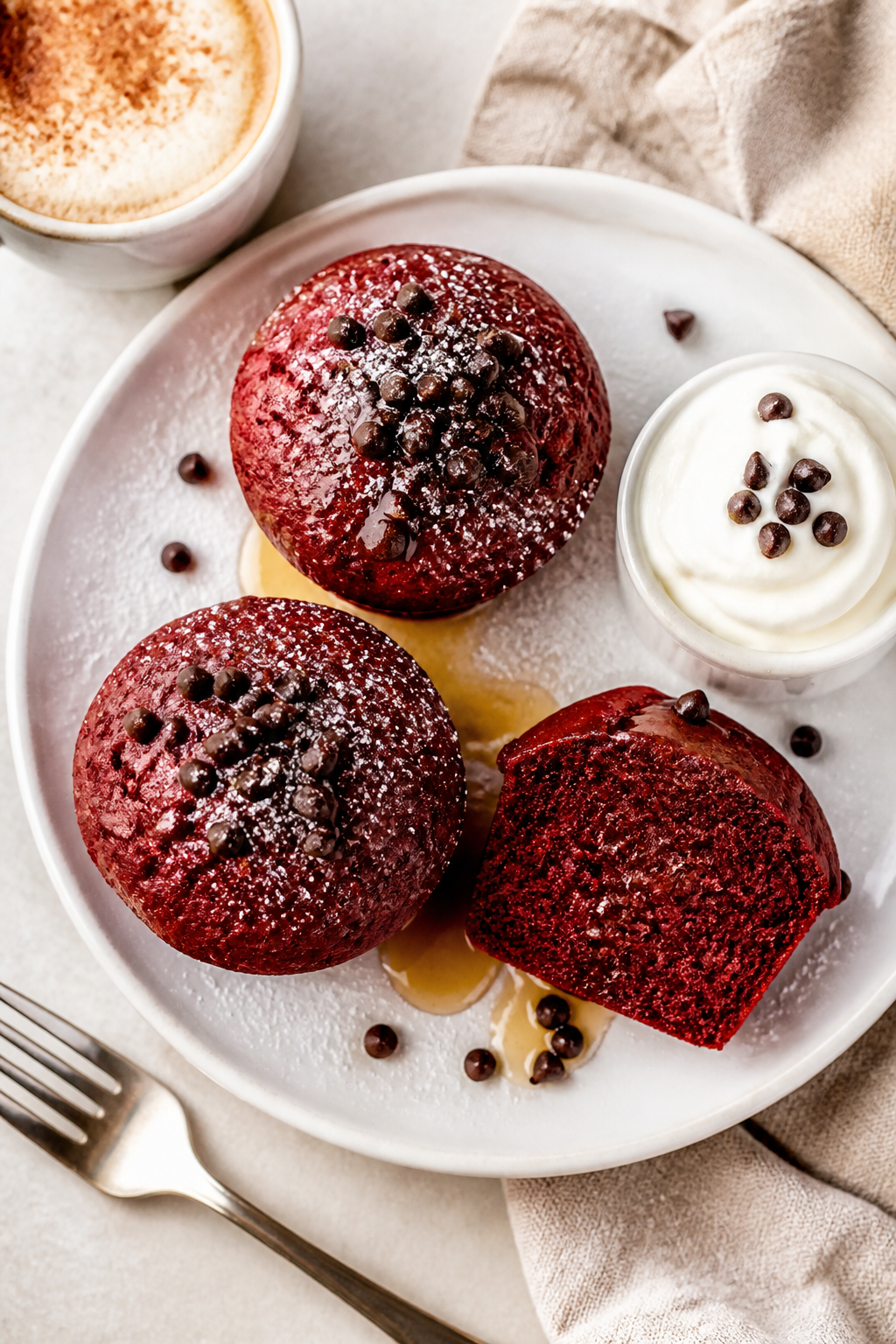 Final dish presentation: Restaurant-quality plated red velvet protein muffins on a white ceramic pla