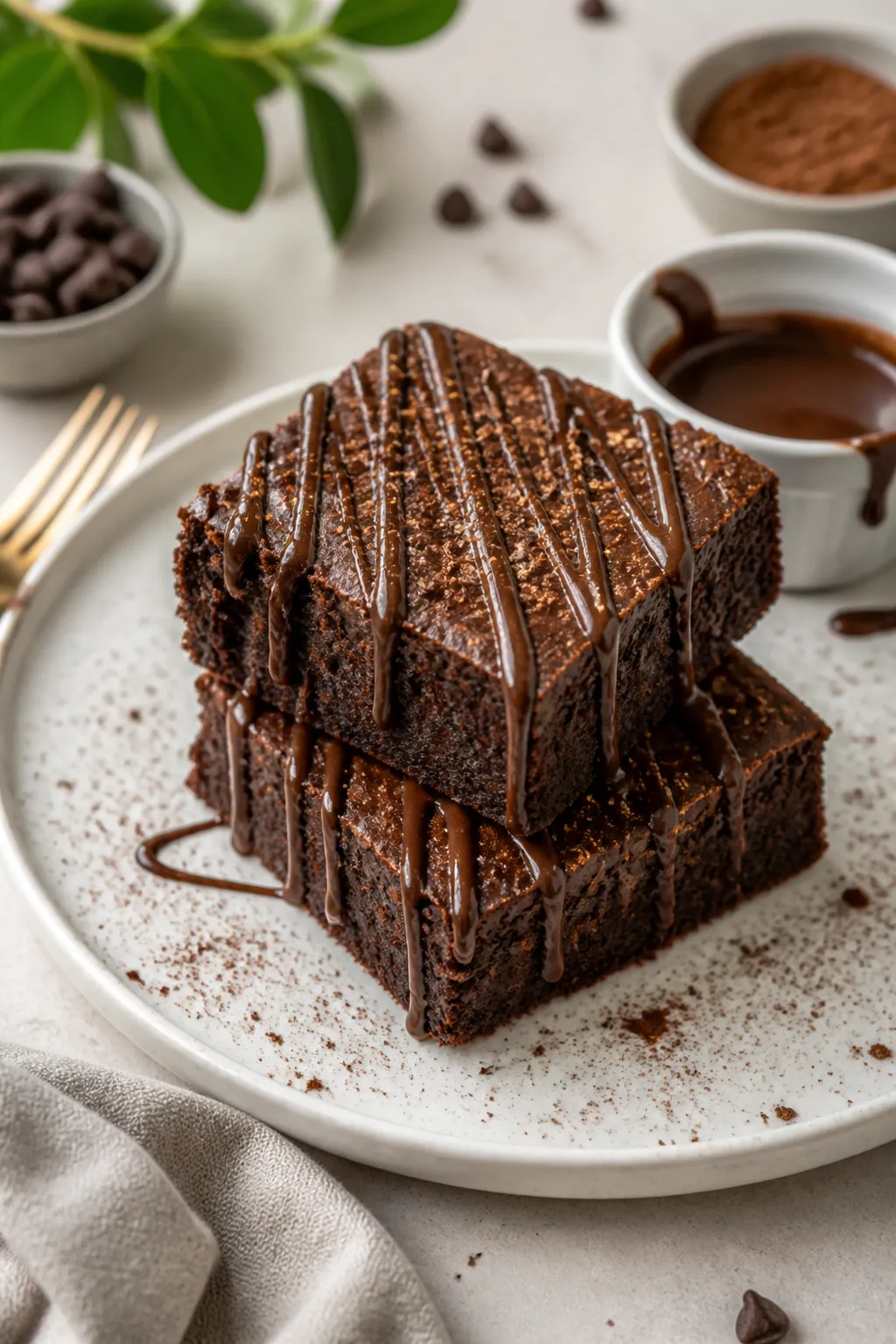 Final dish presentation: Restaurant-quality plated protein brownies—two stacked squares with defin