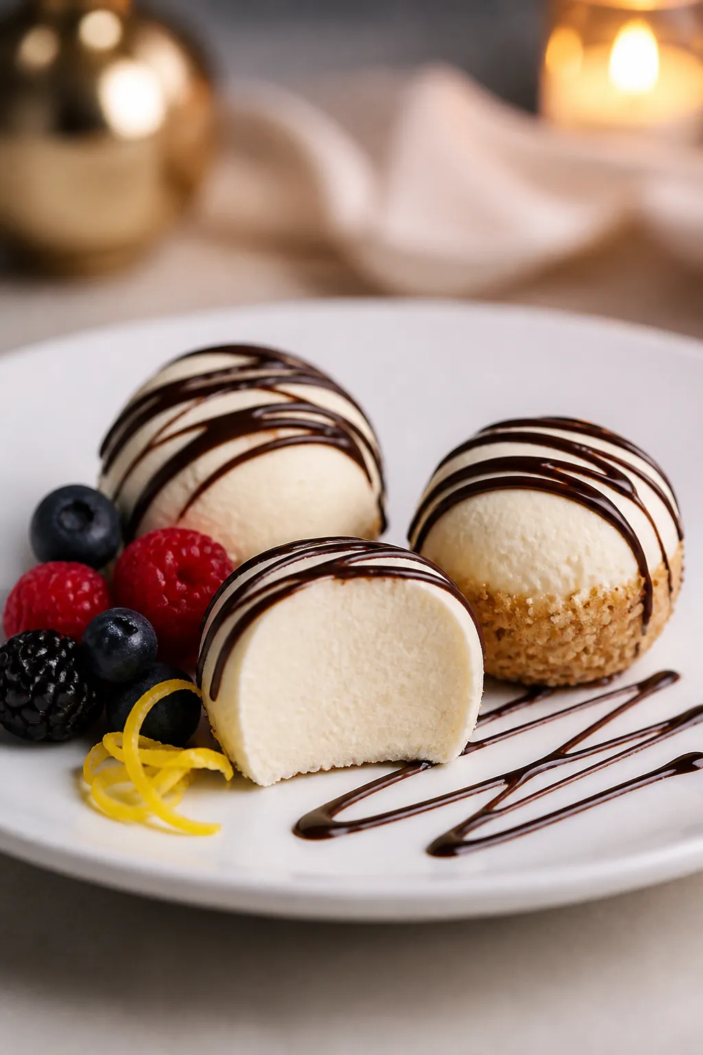 Final dish presentation: Restaurant-quality plated trio of vanilla cheesecake protein bites on a mat
