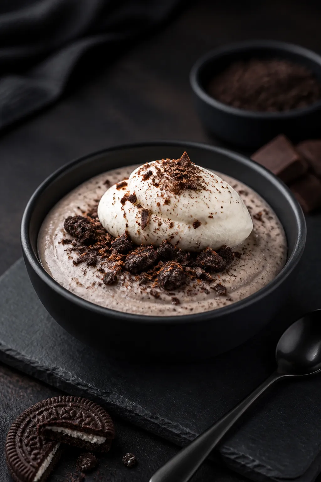 Final dish presentation: Restaurant-quality plated cookies-and-cream protein pudding served in a low
