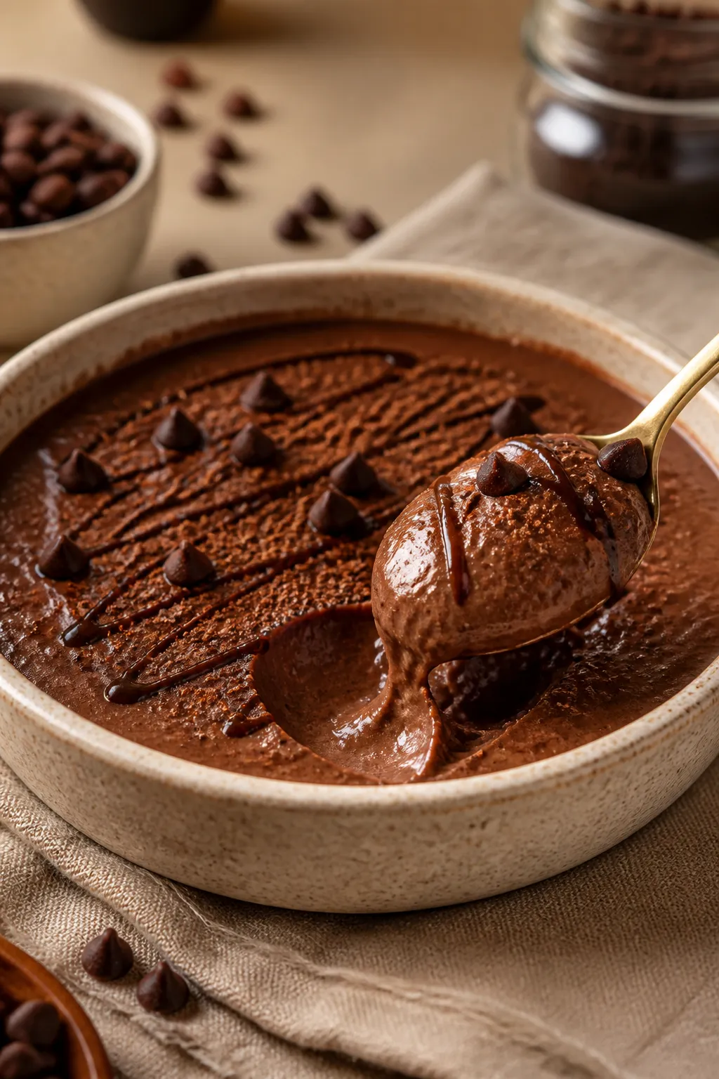 Final dish presentation: Restaurant-quality plated mocha protein pudding in a low, wide ceramic bowl