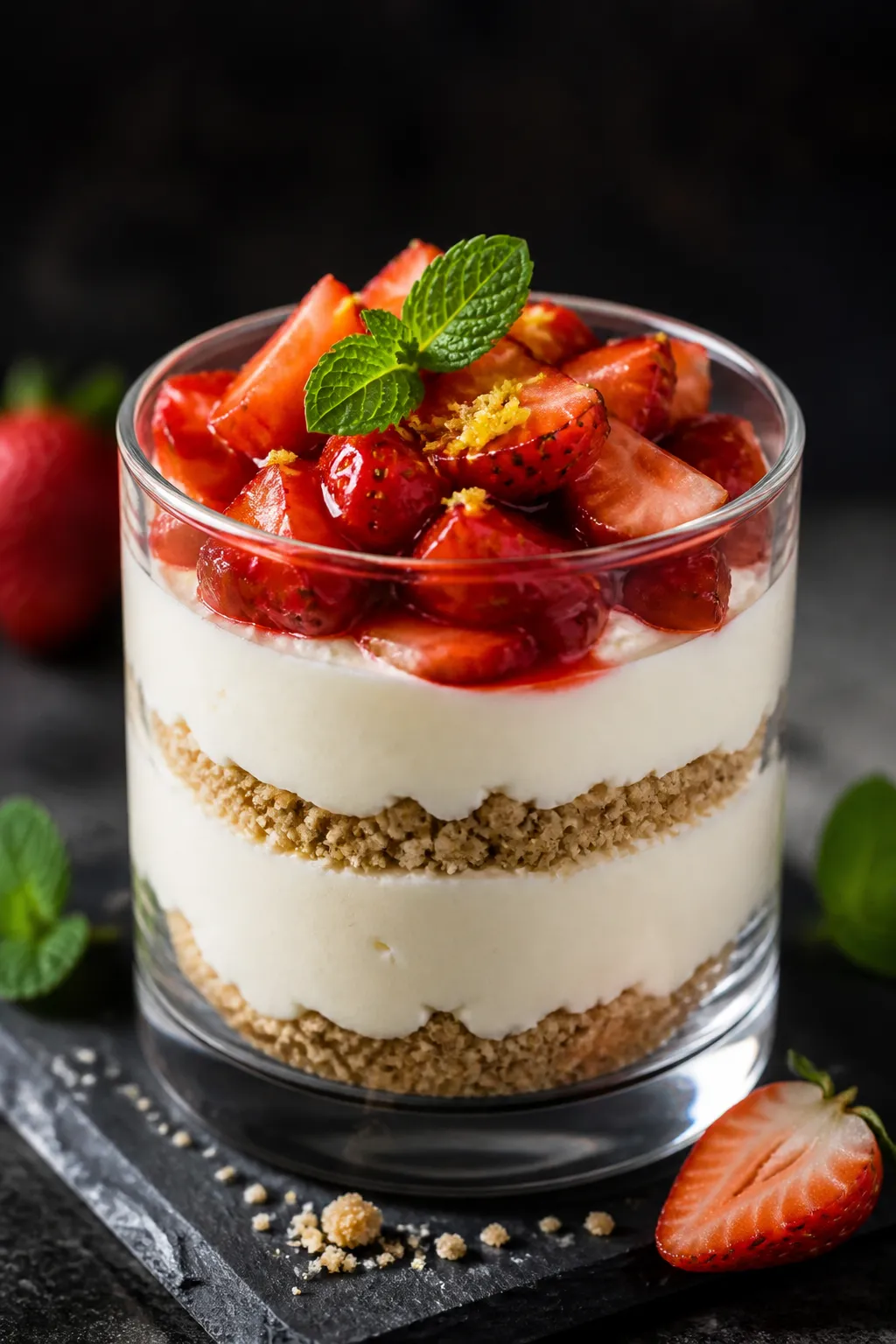Final dish presentation: Restaurant-quality plated parfait-style version in a clear tumbler—layers