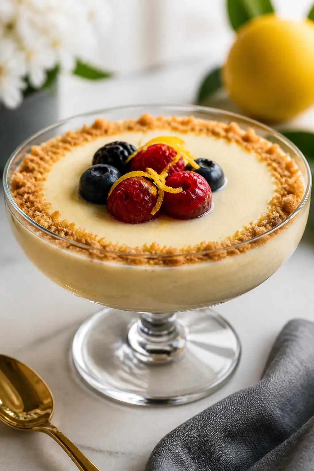 Final dish presentation: Restaurant-quality plated lemon cheesecake pudding served in a low, wide co