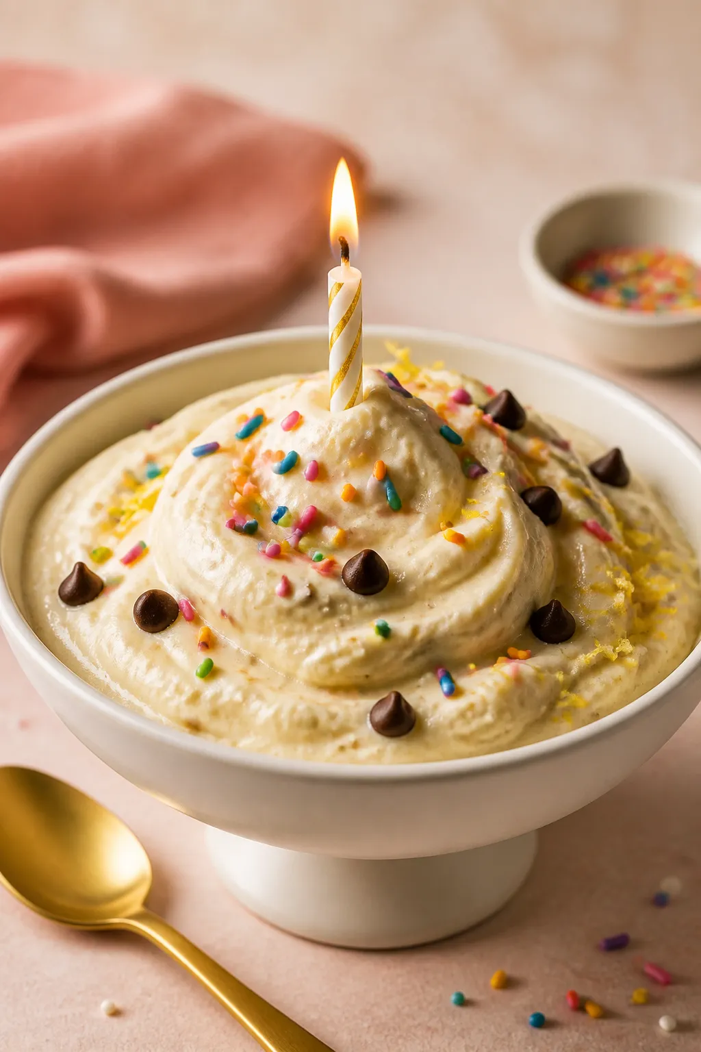 Final dish presentation: Restaurant-quality plated High Protein Birthday Cake Pudding in a low, whit