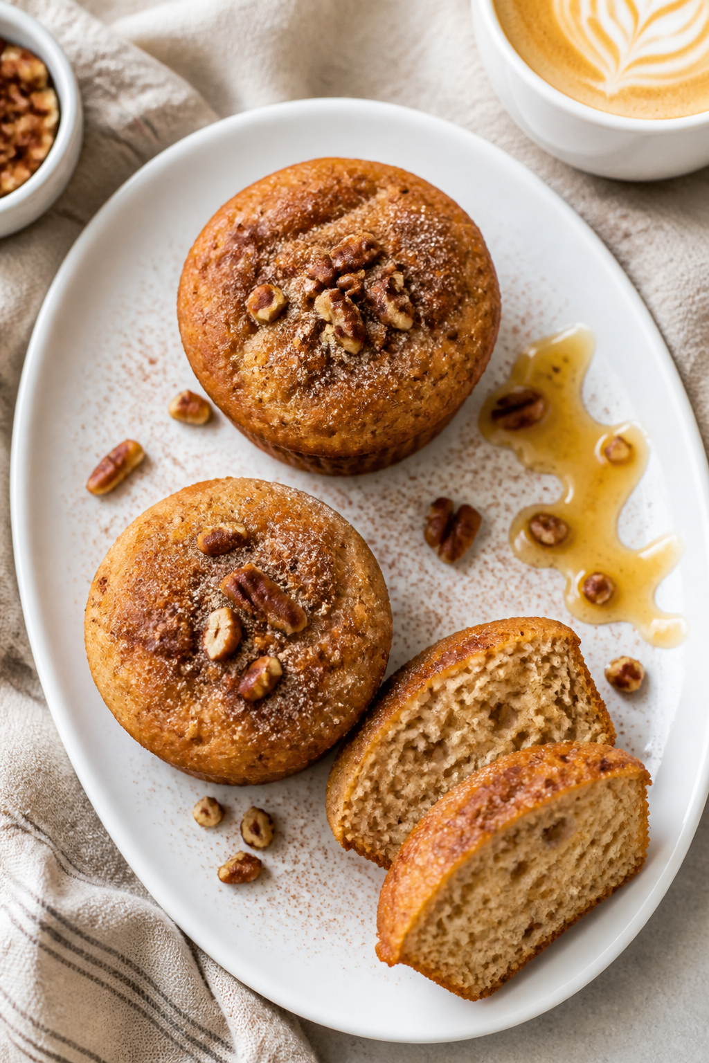 Final dish presentation: Restaurant-quality plated Protein Coffee Cake Muffins arranged on a matte w