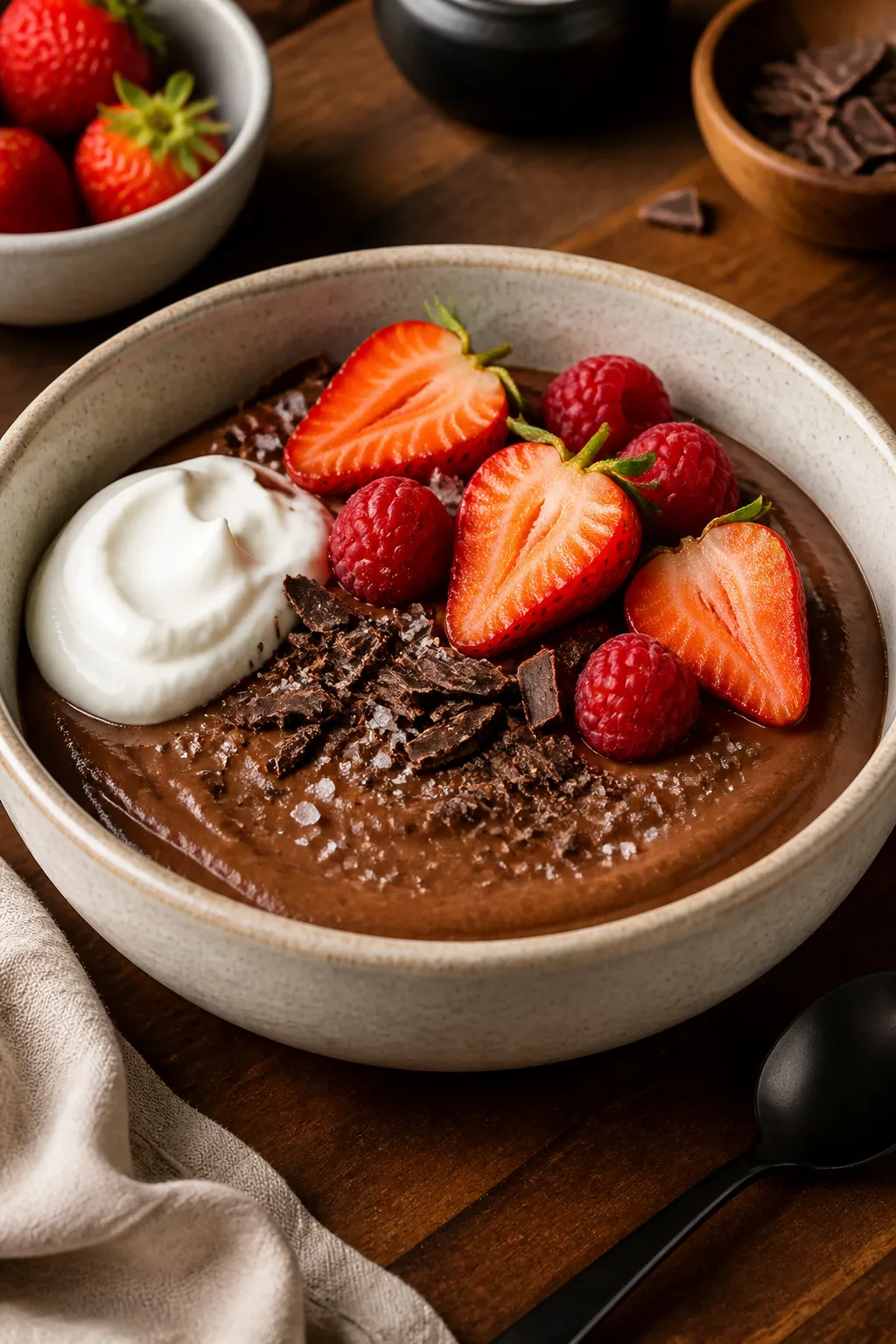 Final dish presentation: Restaurant-quality plated chocolate protein pudding set after chilling, sco