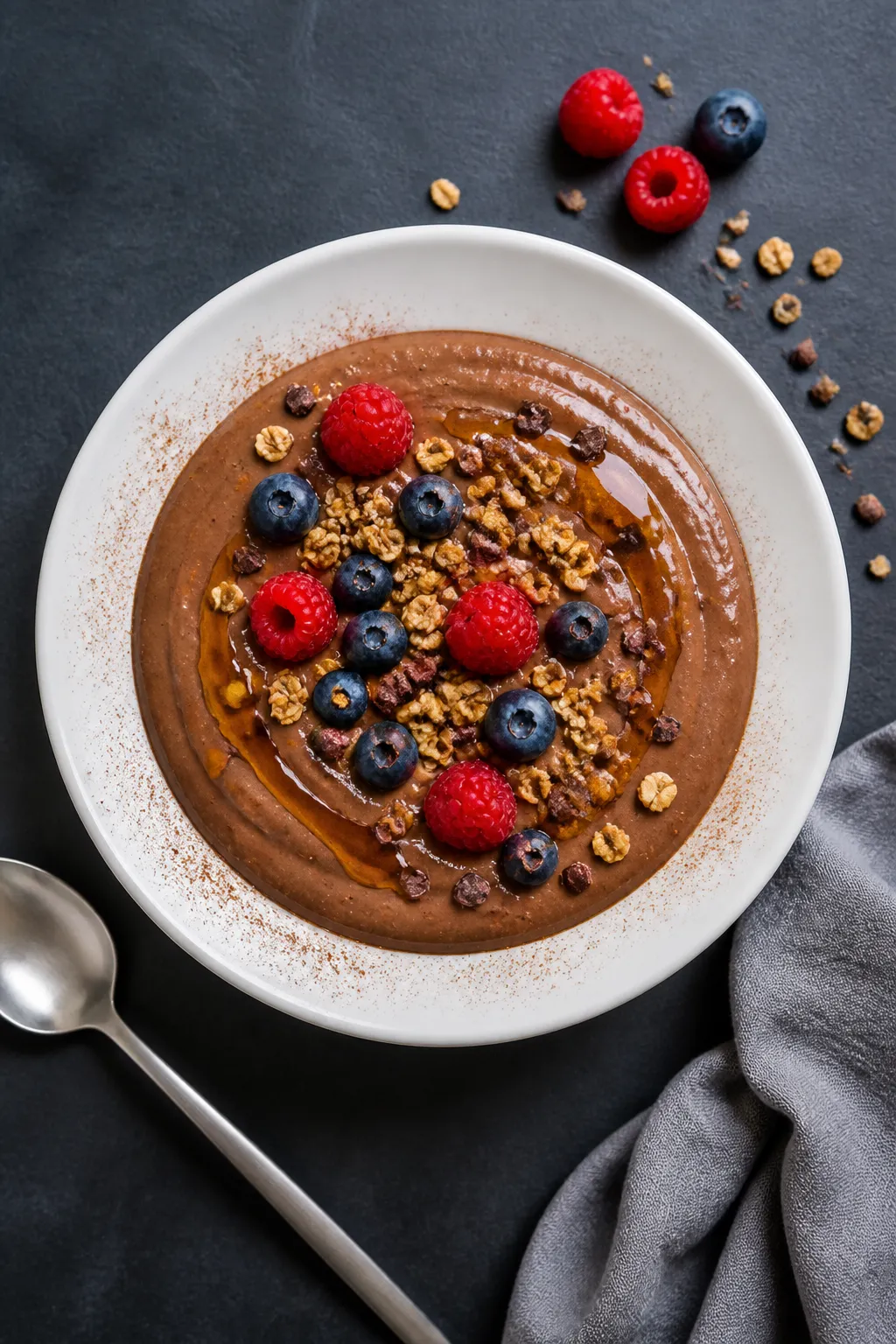 Final dish presentation: Restaurant-quality plated Chocolate Protein Pudding variation served in a l