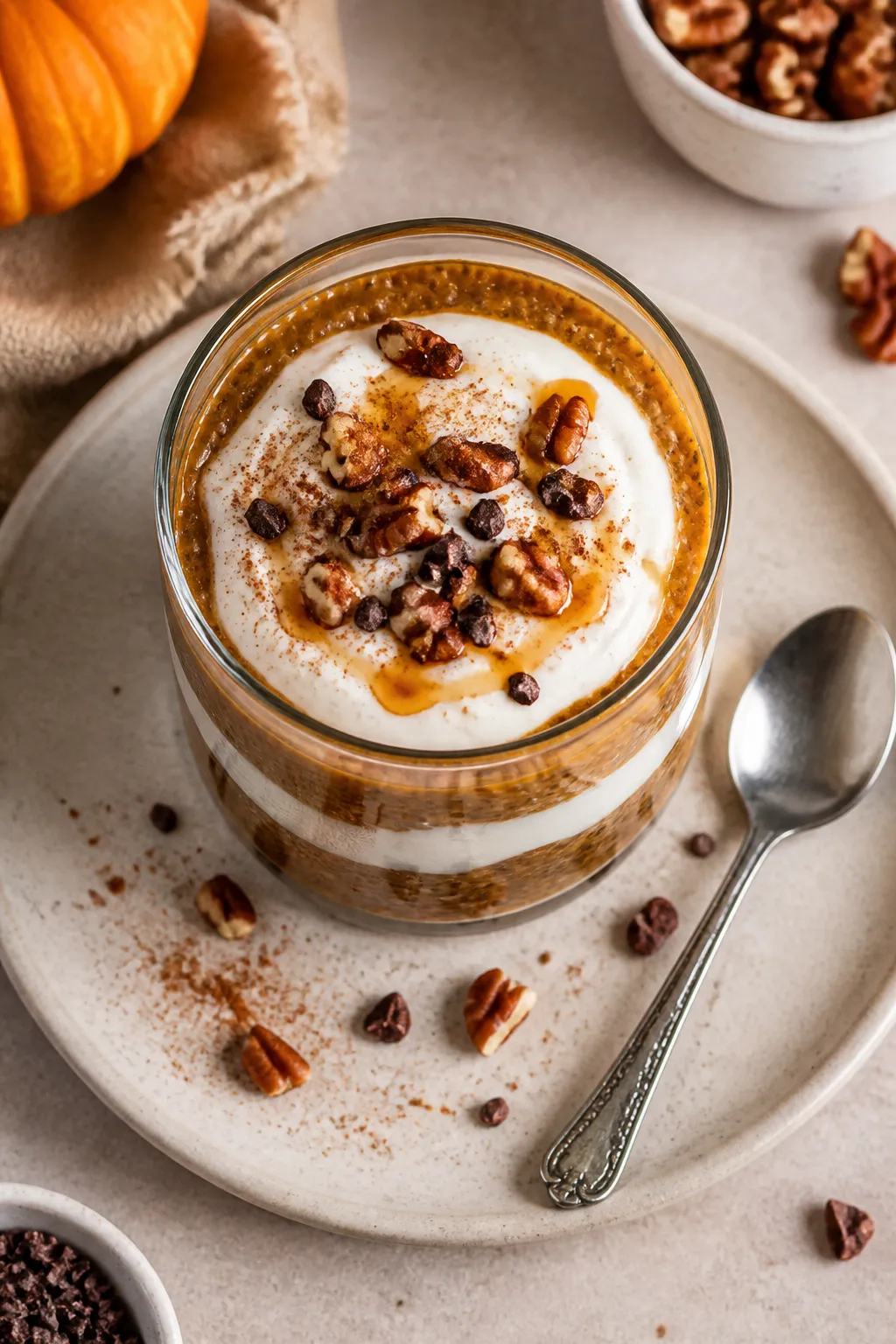 Final dish presentation: Restaurant-quality plated pumpkin pie chia pudding layered in a short rocks