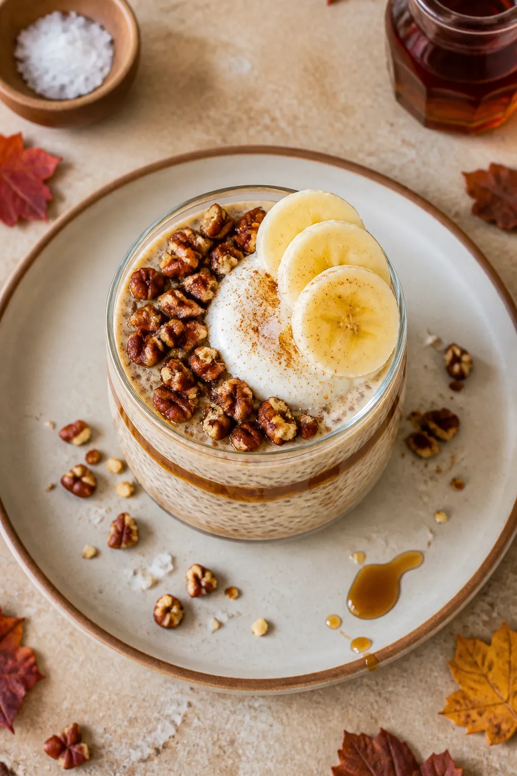 Final dish presentation: Restaurant-quality plated parfait of high protein maple pecan chia pudding