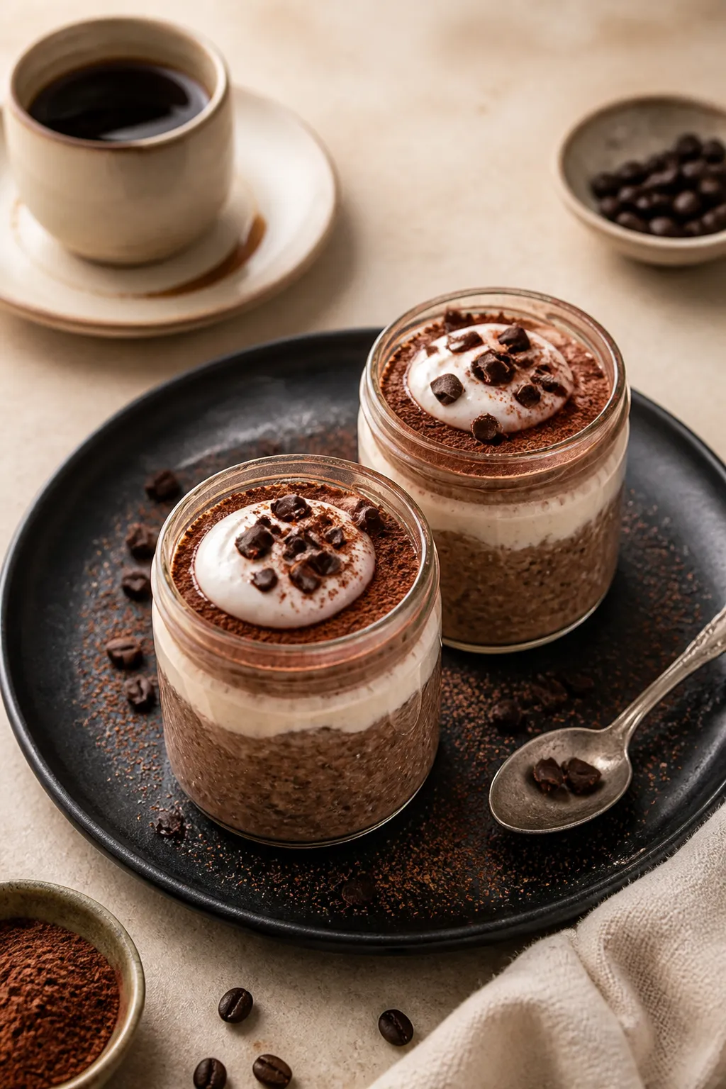 Final dish presentation: Restaurant-quality plated dessert-breakfast vibe—two petite jars of set t