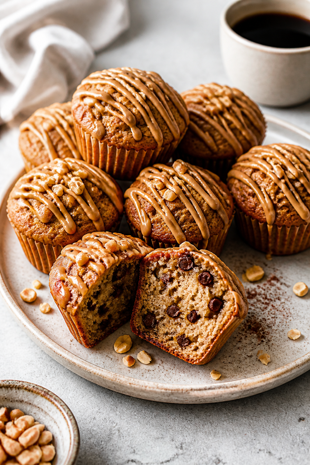 Final dish presentation: Restaurant-quality plated peanut butter banana muffins (9 small standard-si
