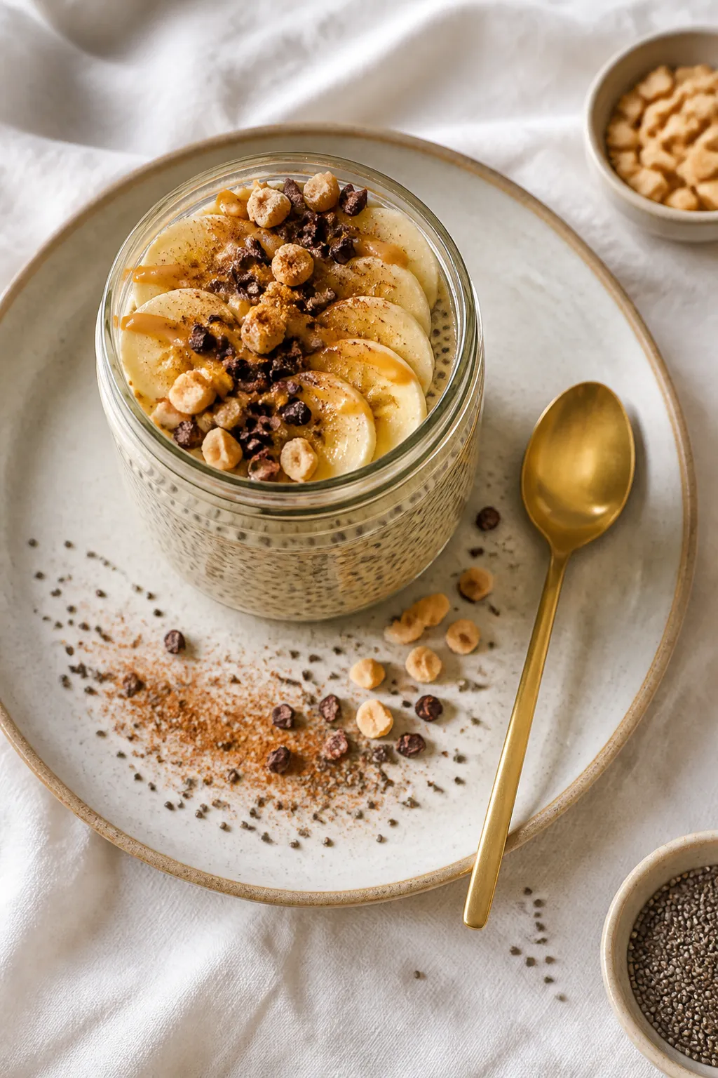 Final dish presentation: Restaurant-quality plated chia pudding in a small glass jar set on a matte