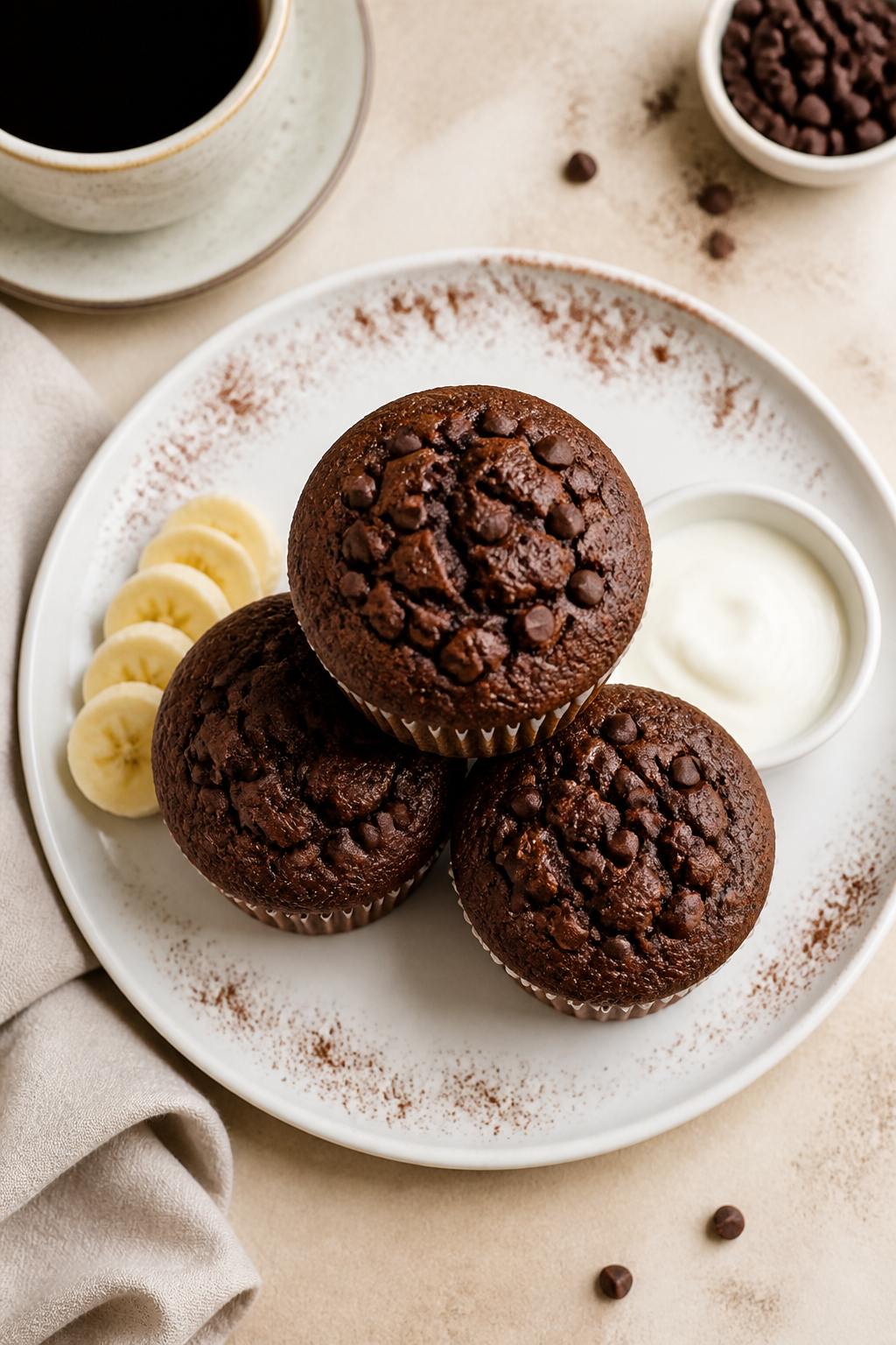 Final dish presentation: Restaurant-quality plated chocolate banana muffins stacked in a neat trio o
